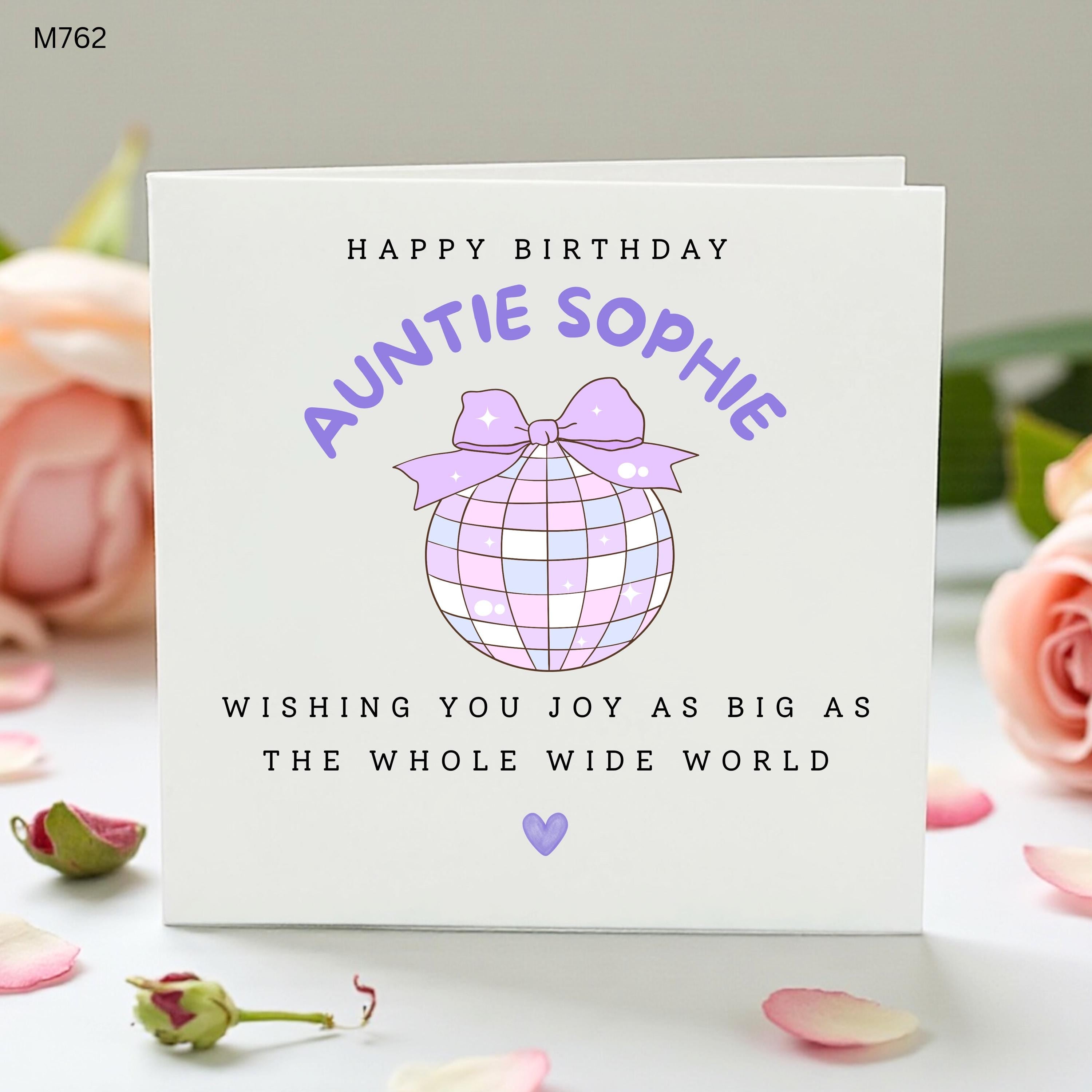 Personalised Auntie Birthday Card, Auntie Sophie Card, Cute Disco Ball Birthday Card for Auntie, Purple Bow Birthday Card for Her