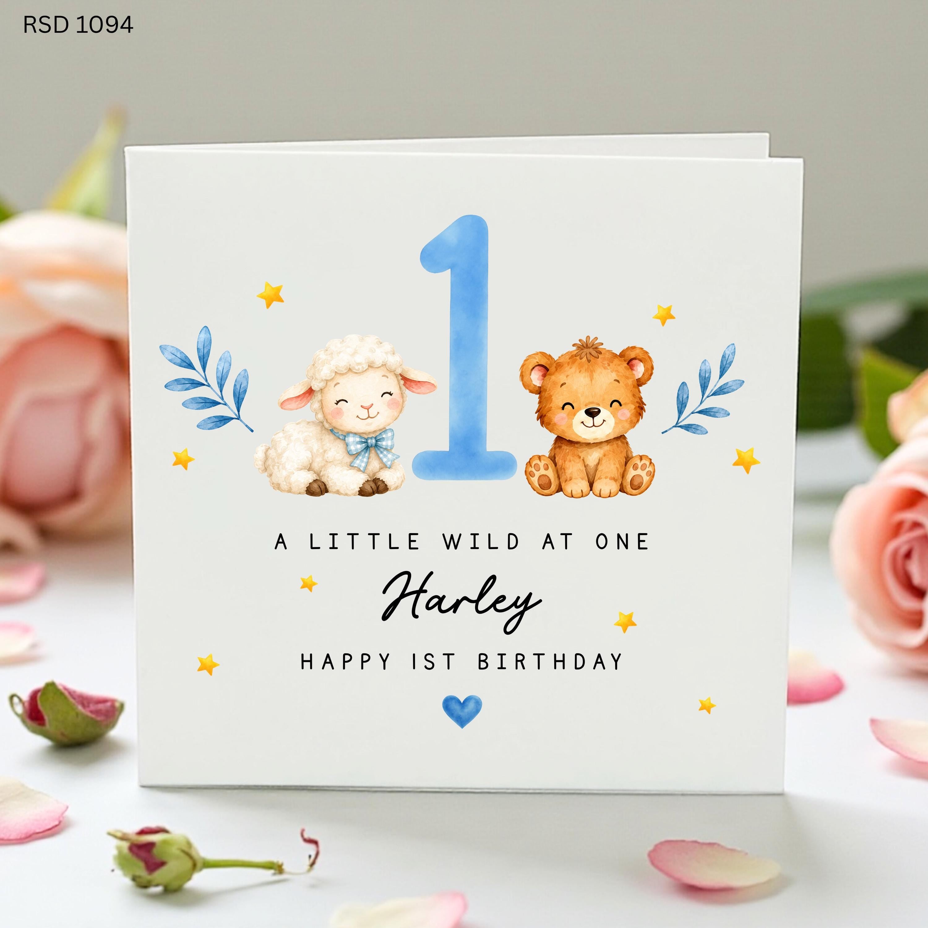 Personalised 1st Birthday Card Boy, Cute Lamb Bear First Birthday Card, Blue Wild One Card, Son Grandson Nephew Keepsake