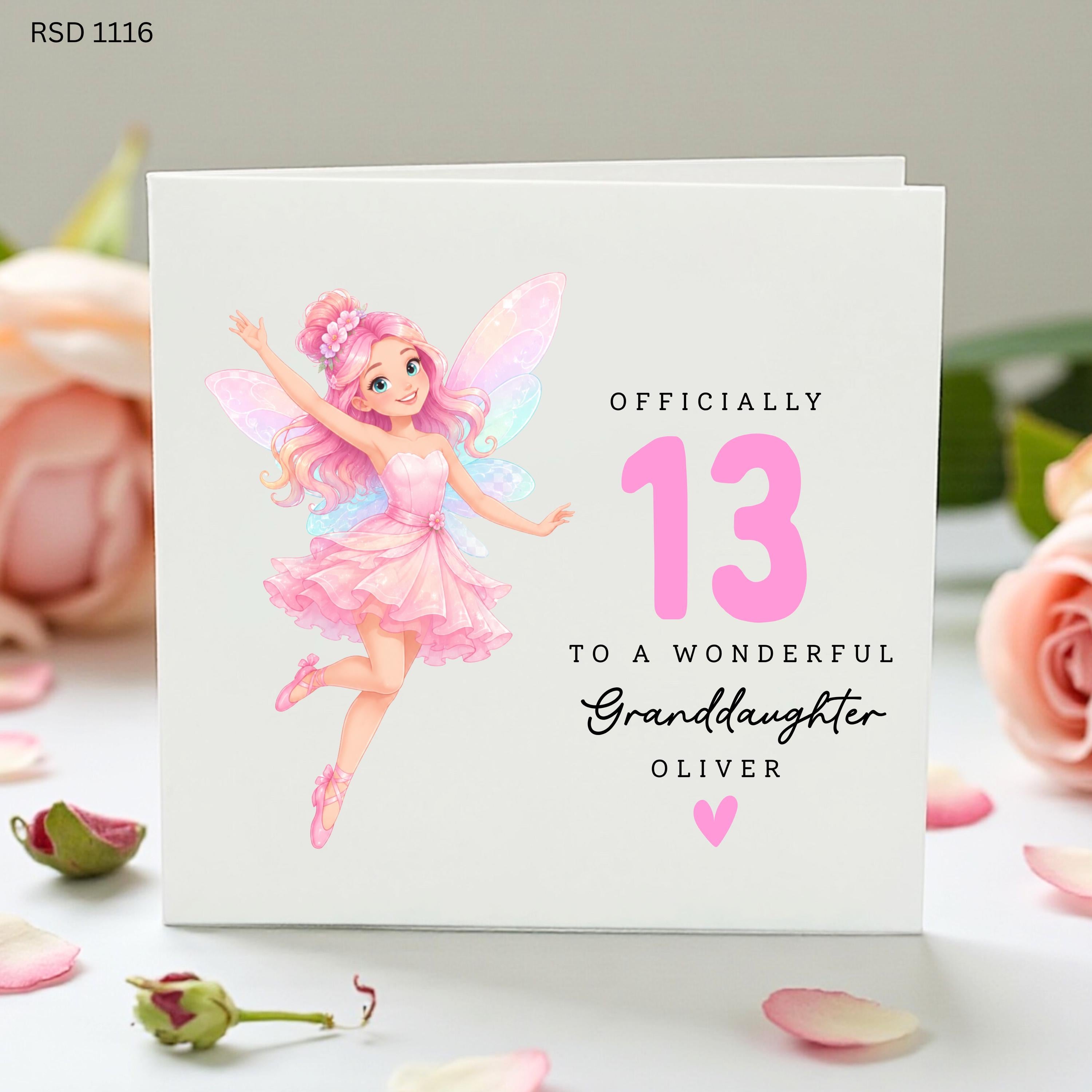 Personalised 13th Birthday Card for Granddaughter, Pink Fairy Birthday Card, Officially 13 Teen Girl Card, Custom Name Card