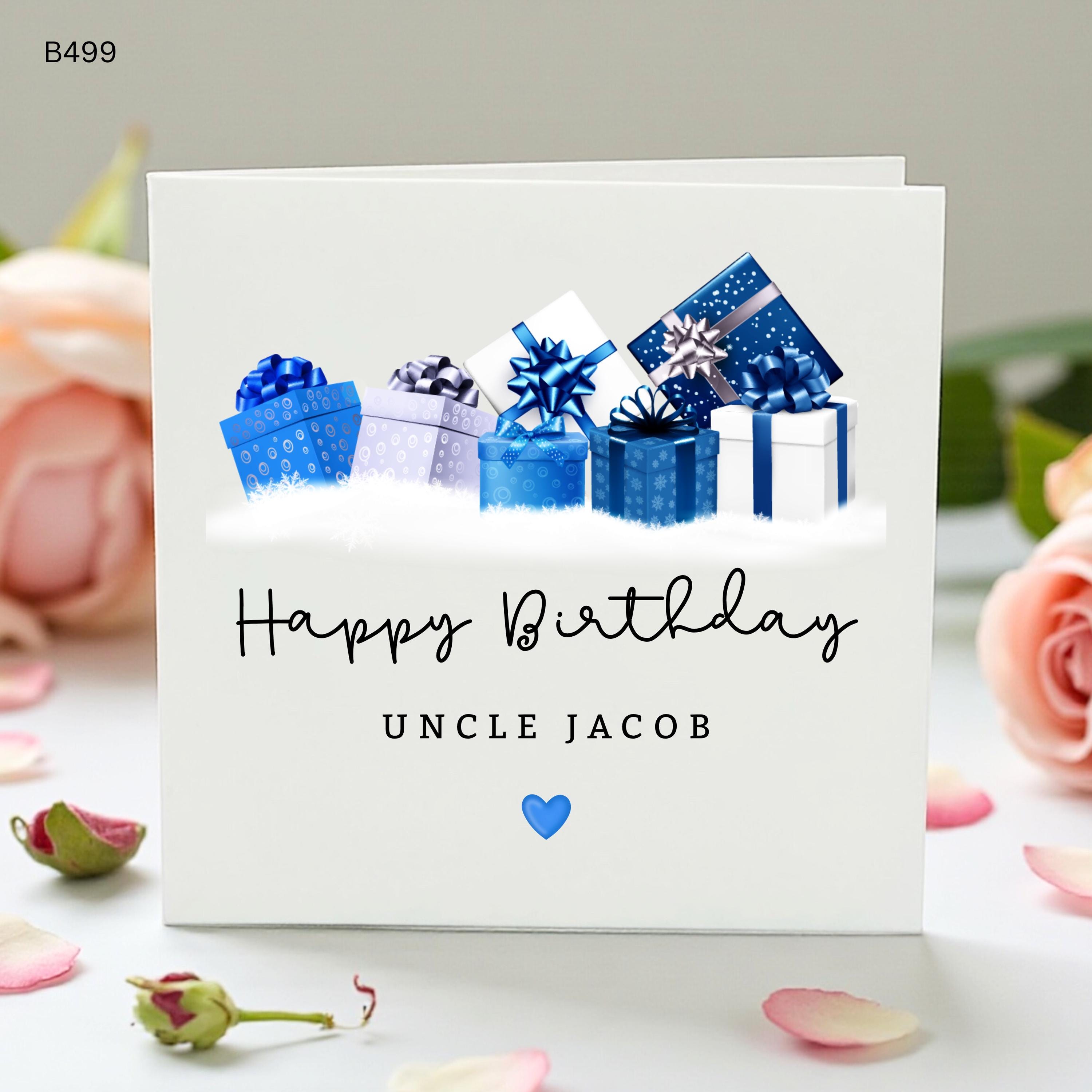 Personalised Uncle Birthday Card, Blue Gift Box Birthday Card, Custom Name Card for Uncle, Happy Birthday Uncle Card Gift