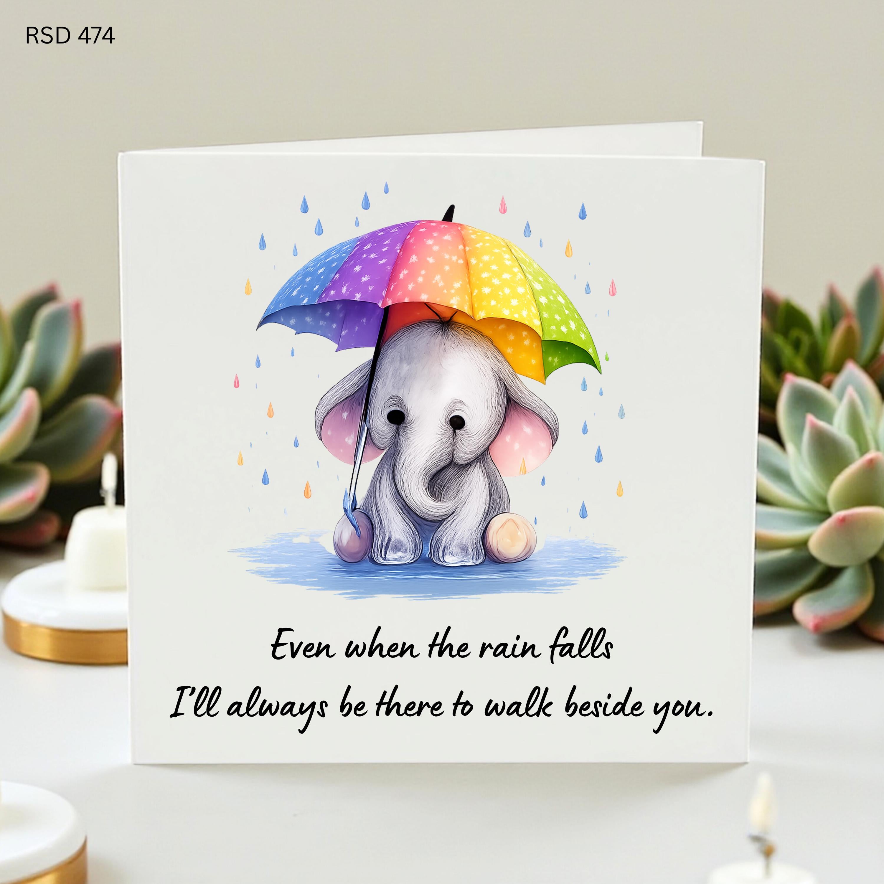 Cute Elephant Umbrella Greeting Card, Friendship Support Encouragement Card, Thinking of You Gift, Walk Beside You Sympathy Card