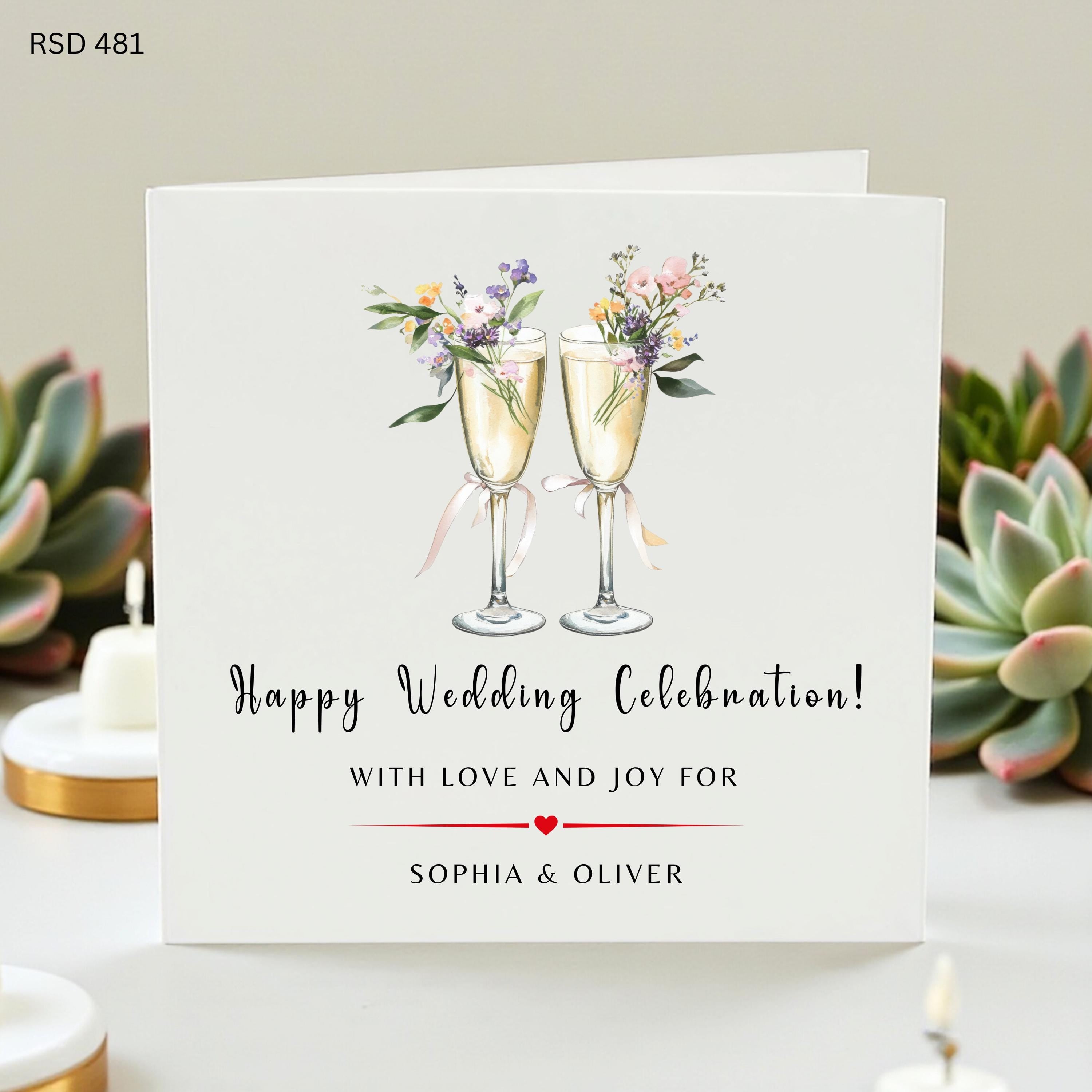 Personalized Wedding Card, Custom Couples Greeting Card with Names, Cute Watercolor Champagne Marriage Gift, Happy Wedding Celebration
