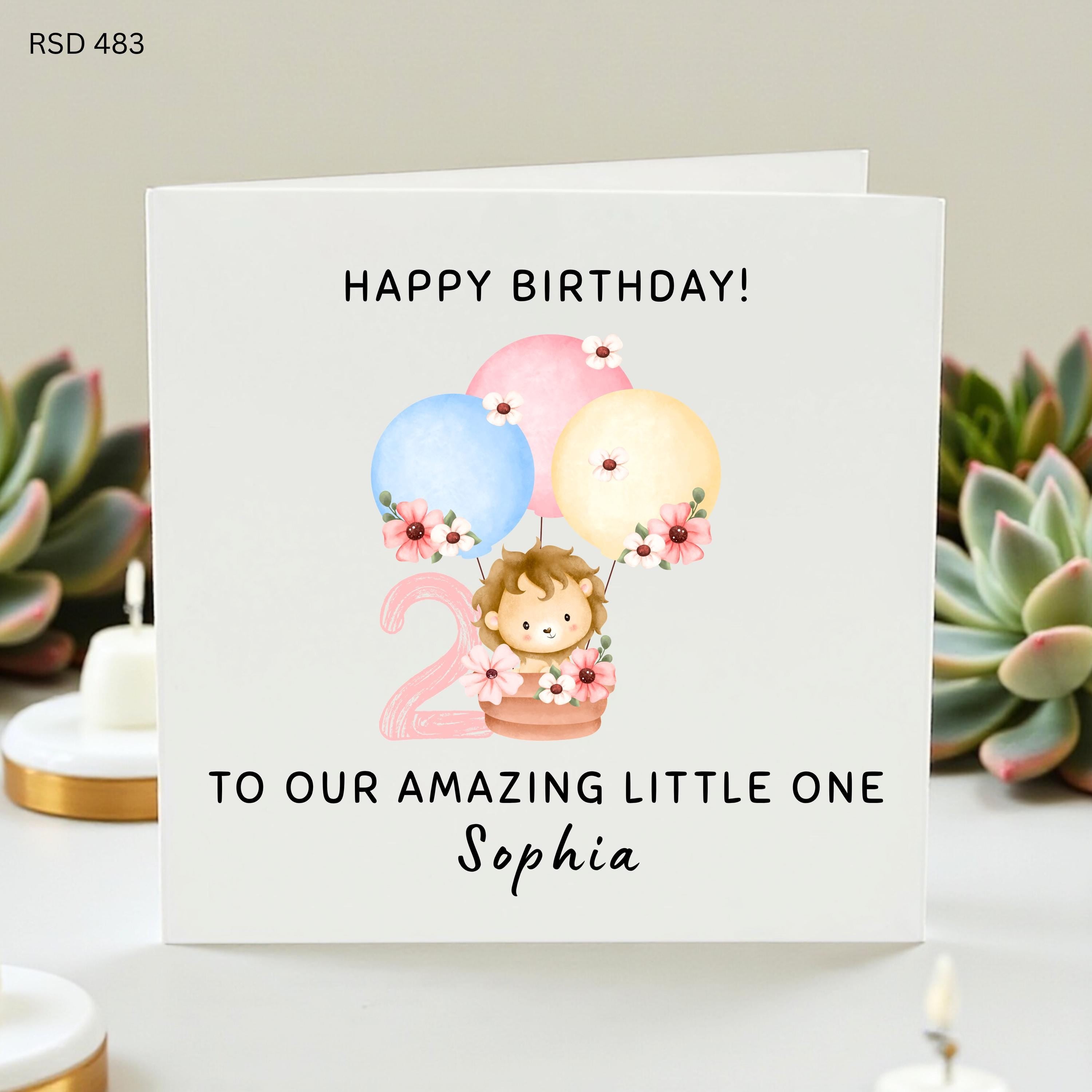 Personalized 2nd Birthday Card for Girls, Custom Name Cute Lion 2 Year Old Birthday Greeting Card, To Our Amazing Little One Gift