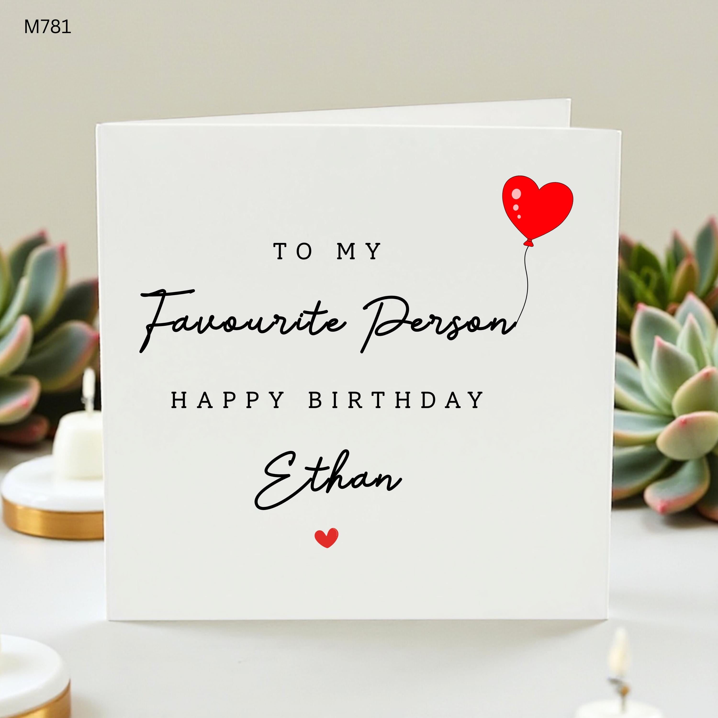 Favourite Person Birthday Card, Personalised Birthday Card for Him Her, Red Heart Balloon Card, Custom Name Love Card, Cute Gift for Ethan