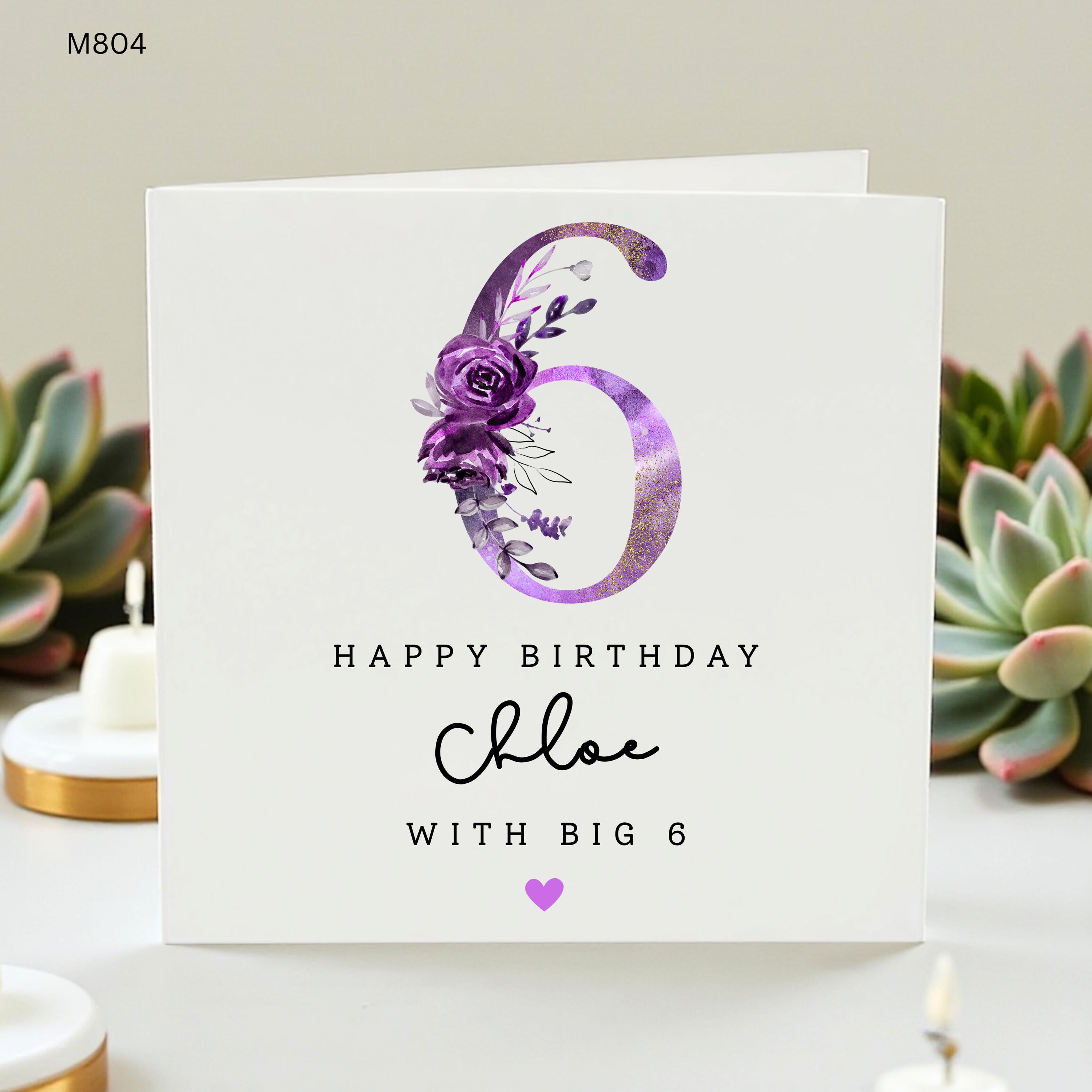 Personalised 6th Birthday Card, Girl Big 6 Floral Birthday Card, Purple Flower Card, Daughter Granddaughter Niece Gift