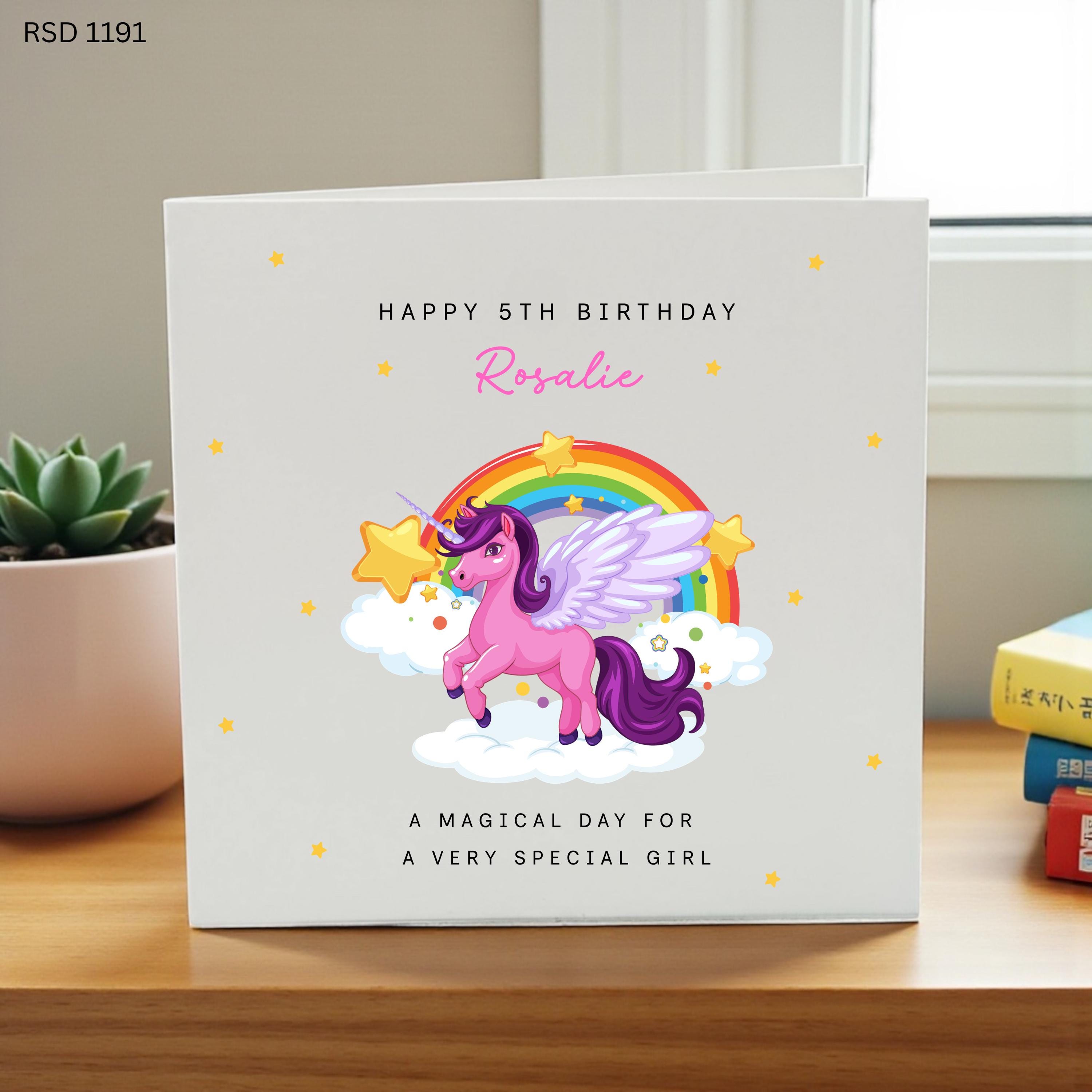 Personalised Unicorn 5th Birthday Card, Custom Girls 5th Birthday Card, Rainbow Unicorn Birthday Card, Magical Birthday Card for Girl,