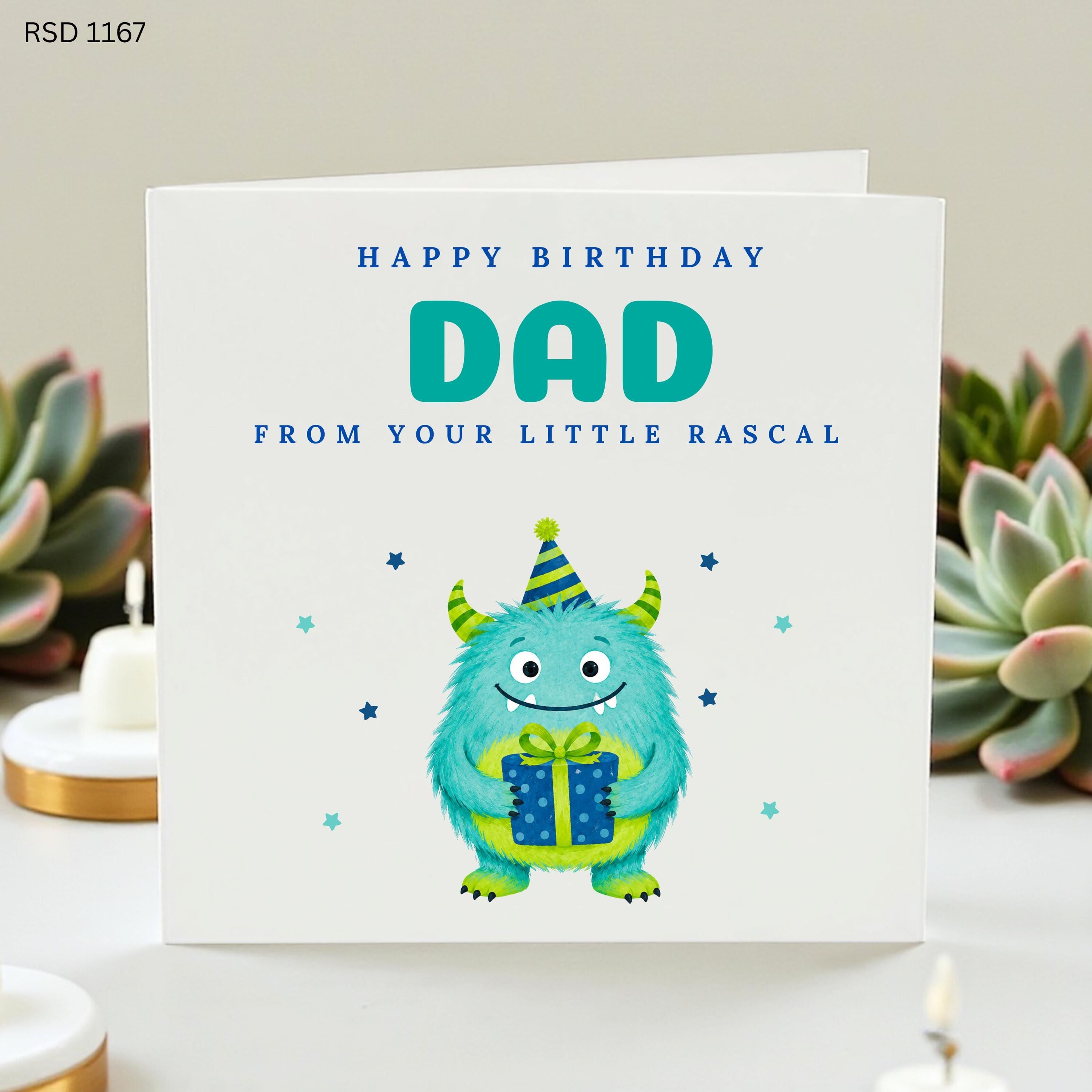 Dad Birthday Card From Little Rascal, Cute Monster Birthday Card For Dad, Funny Card From Kids Son Daughter