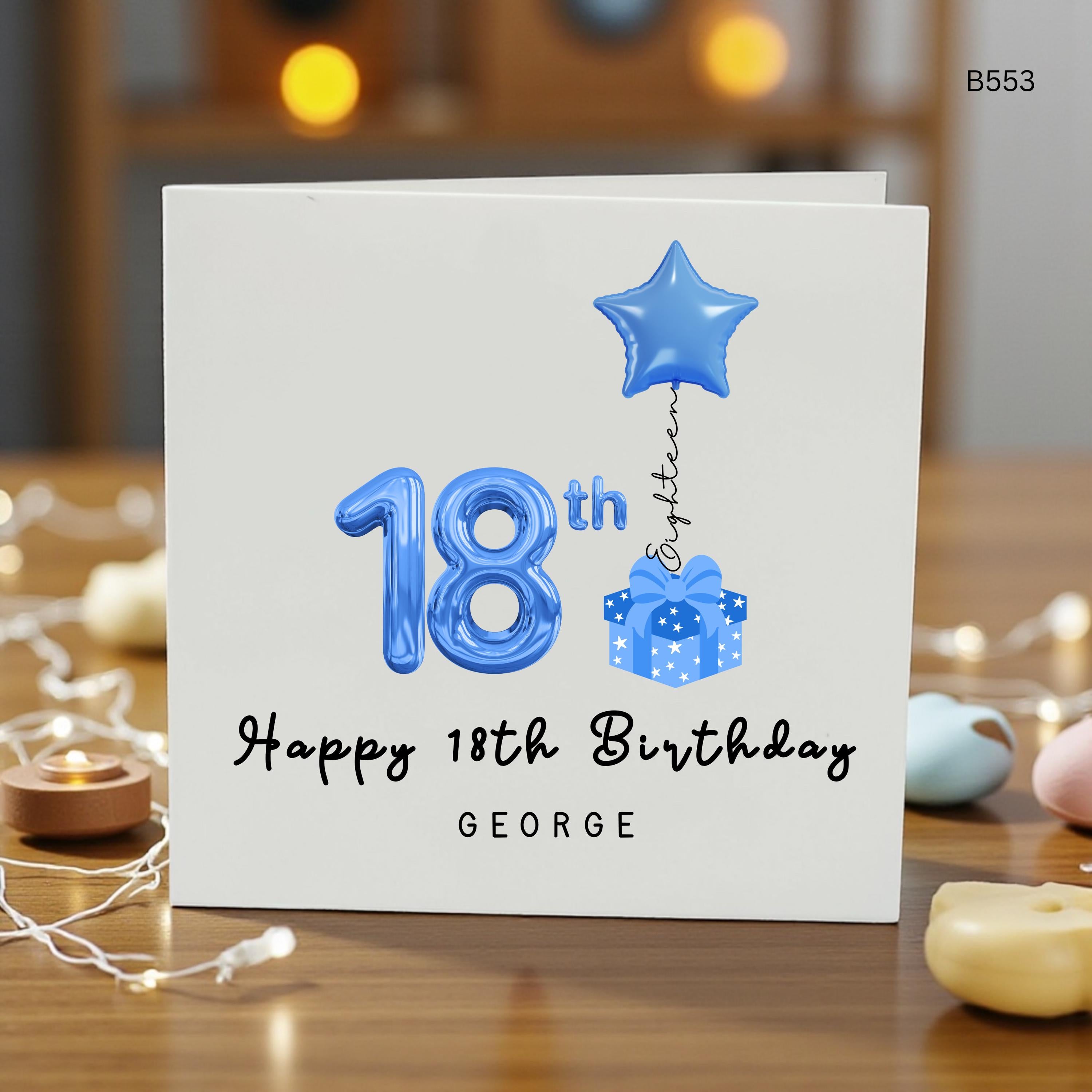 Personalised 18th Birthday Card for Son, Grandson, Brother or Friend, Custom Name 18th Birthday Card, Blue Balloon 18th Birthday , Special