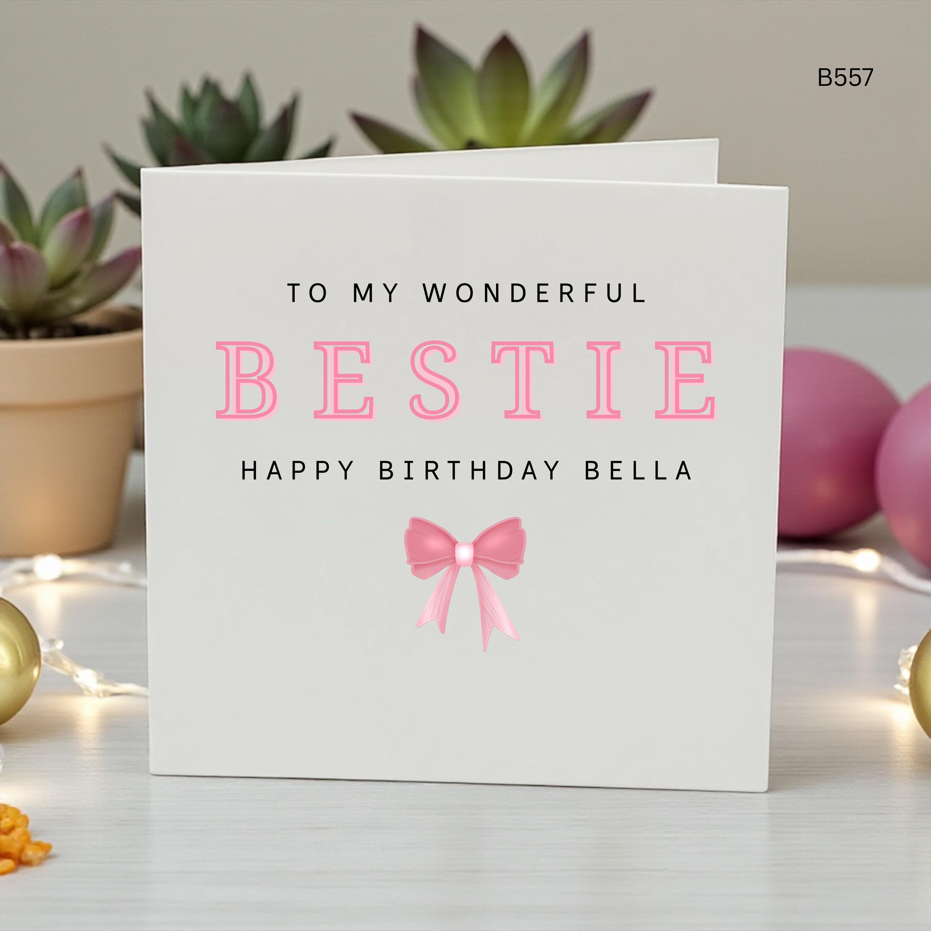 Personalised Bestie Birthday Card, Cute Coquette Bow Birthday Card for Best Friend, Custom Name Best Friend Birthday Card, Pink Aesthetic