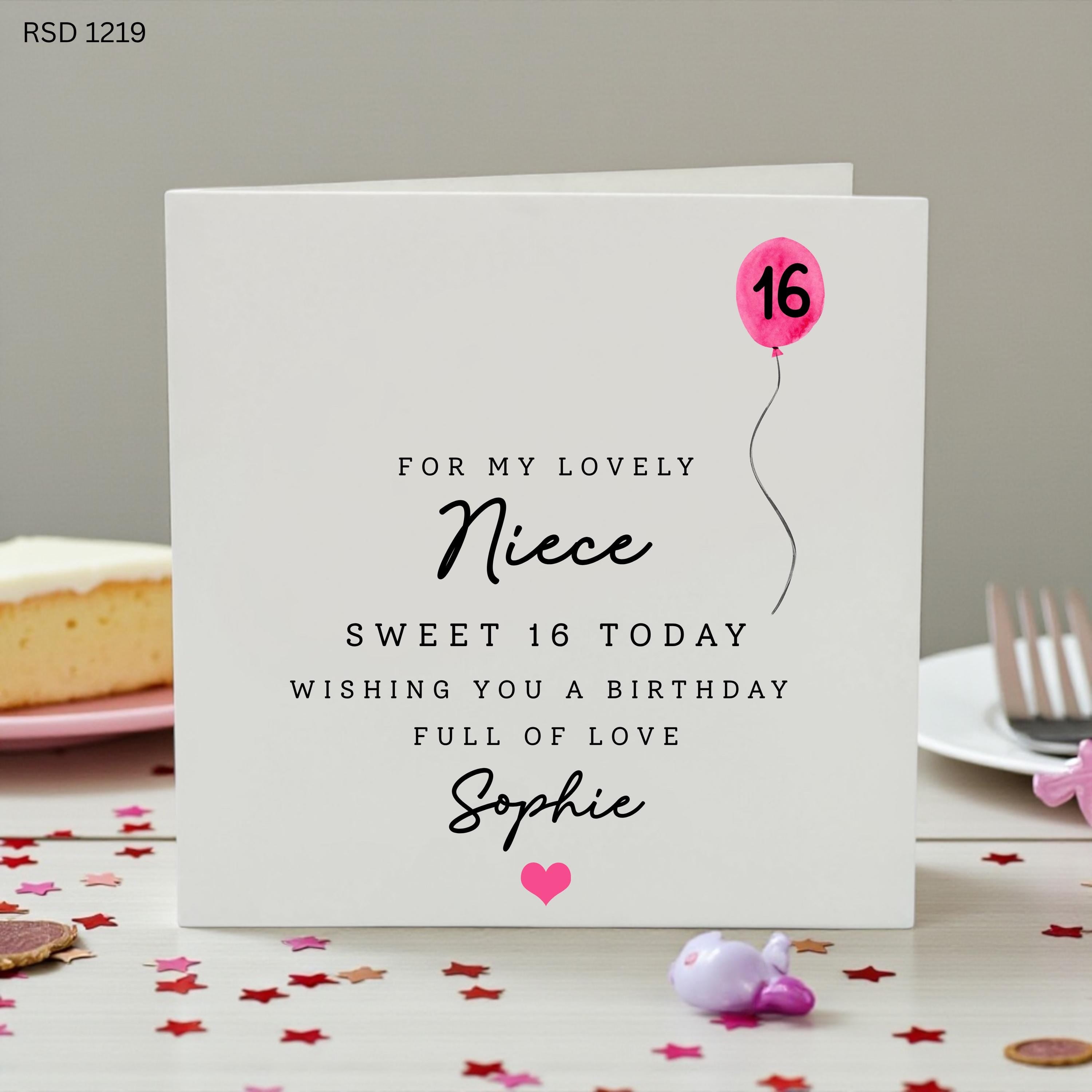 Personalised Sweet 16 Birthday Card for Niece, Custom 16th Birthday Card, Pink Balloon Birthday Card for Her, Special Niece Birthday Gift,