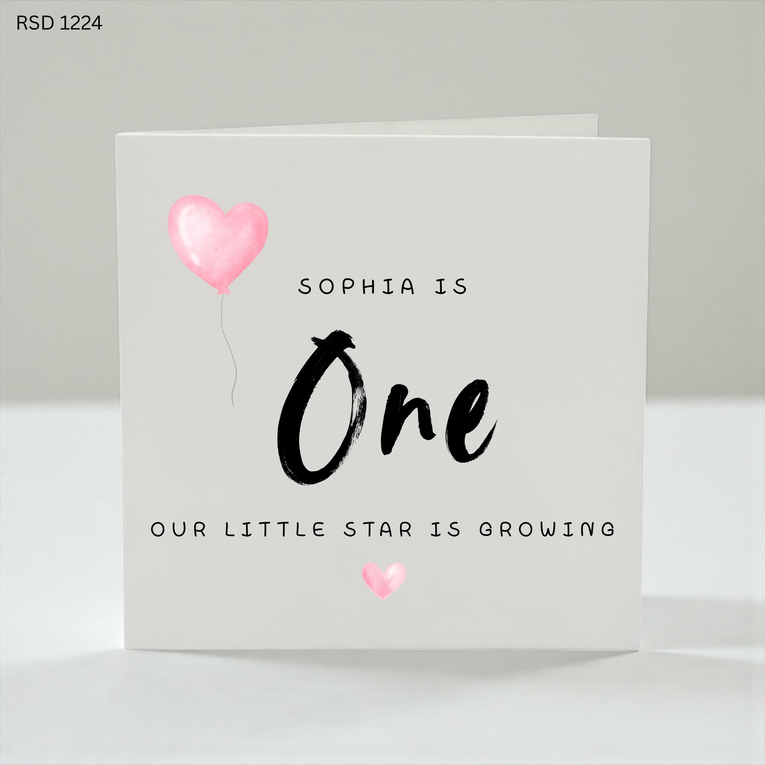 Personalised 1st Birthday Card Girl, First Birthday Card for Daughter, Custom Name Age One Birthday Card, Pink Heart Balloon Birthday Card,