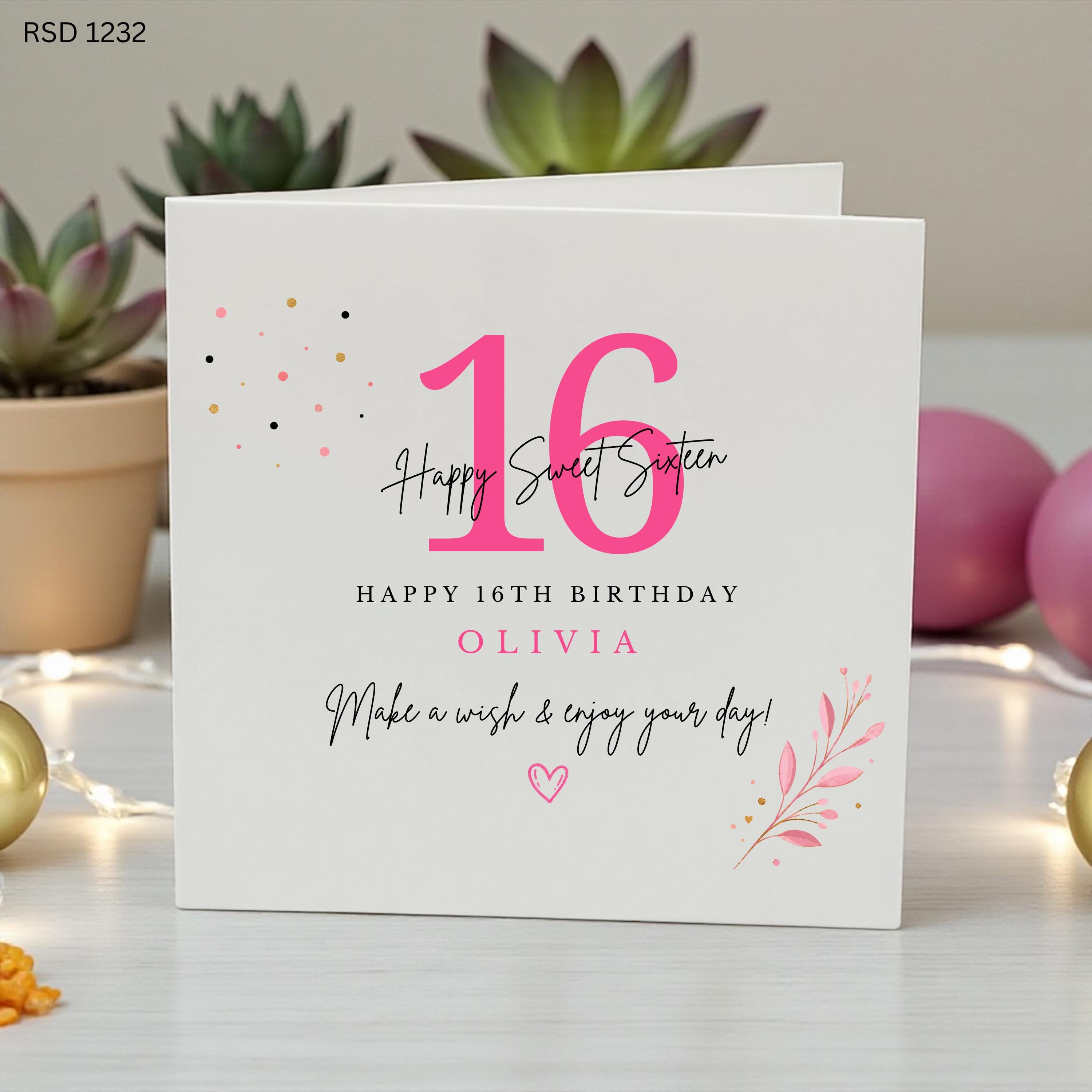 Personalised Sweet 16 Birthday Card for Girl, Custom 16th Birthday Card, Pink Sweet Sixteen Birthday Card, Personalised Name Birthday