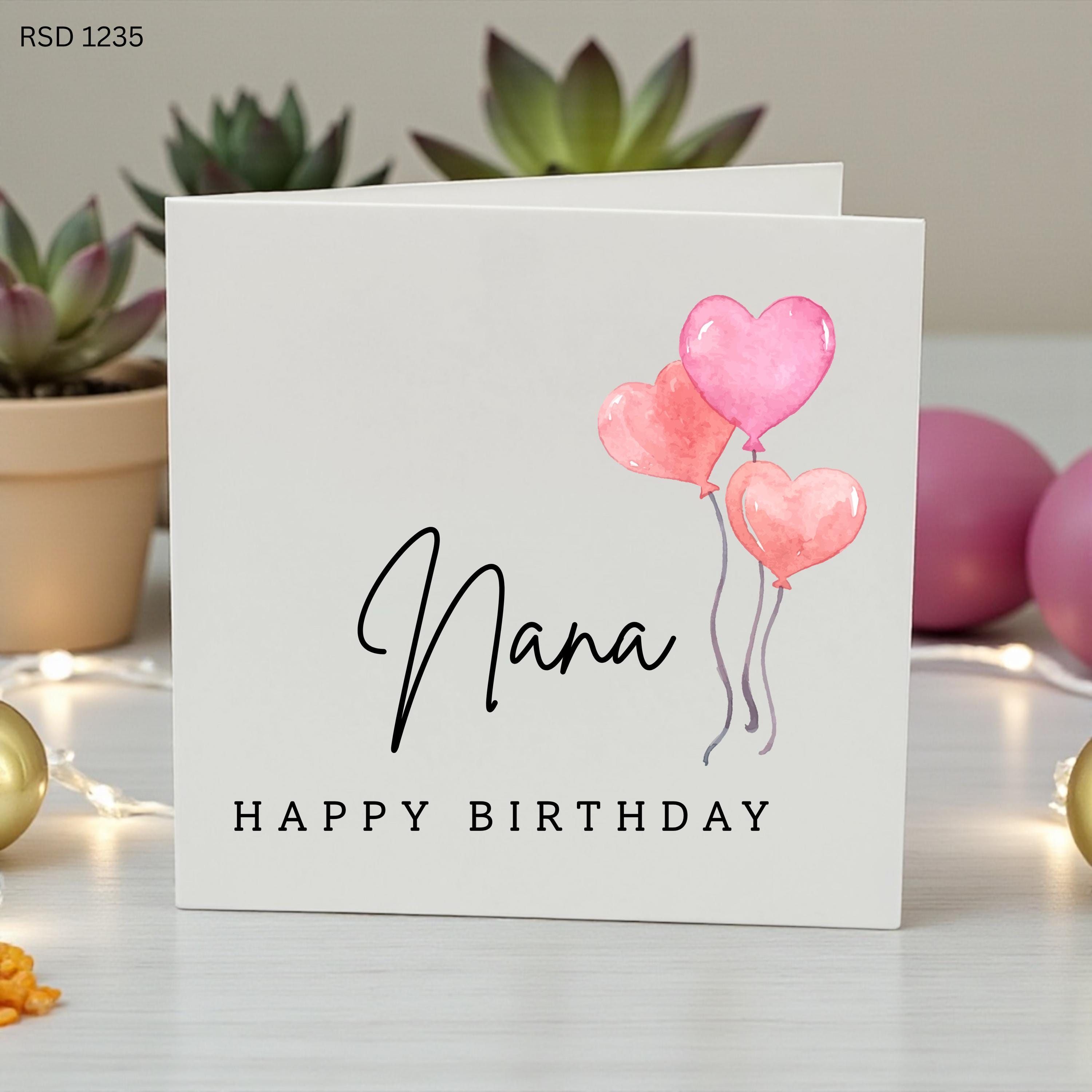 Personalised Birthday Card for Her, Custom Name Birthday Card, Pink Heart Balloon Birthday Card, Simple Elegant Birthday Card for Women