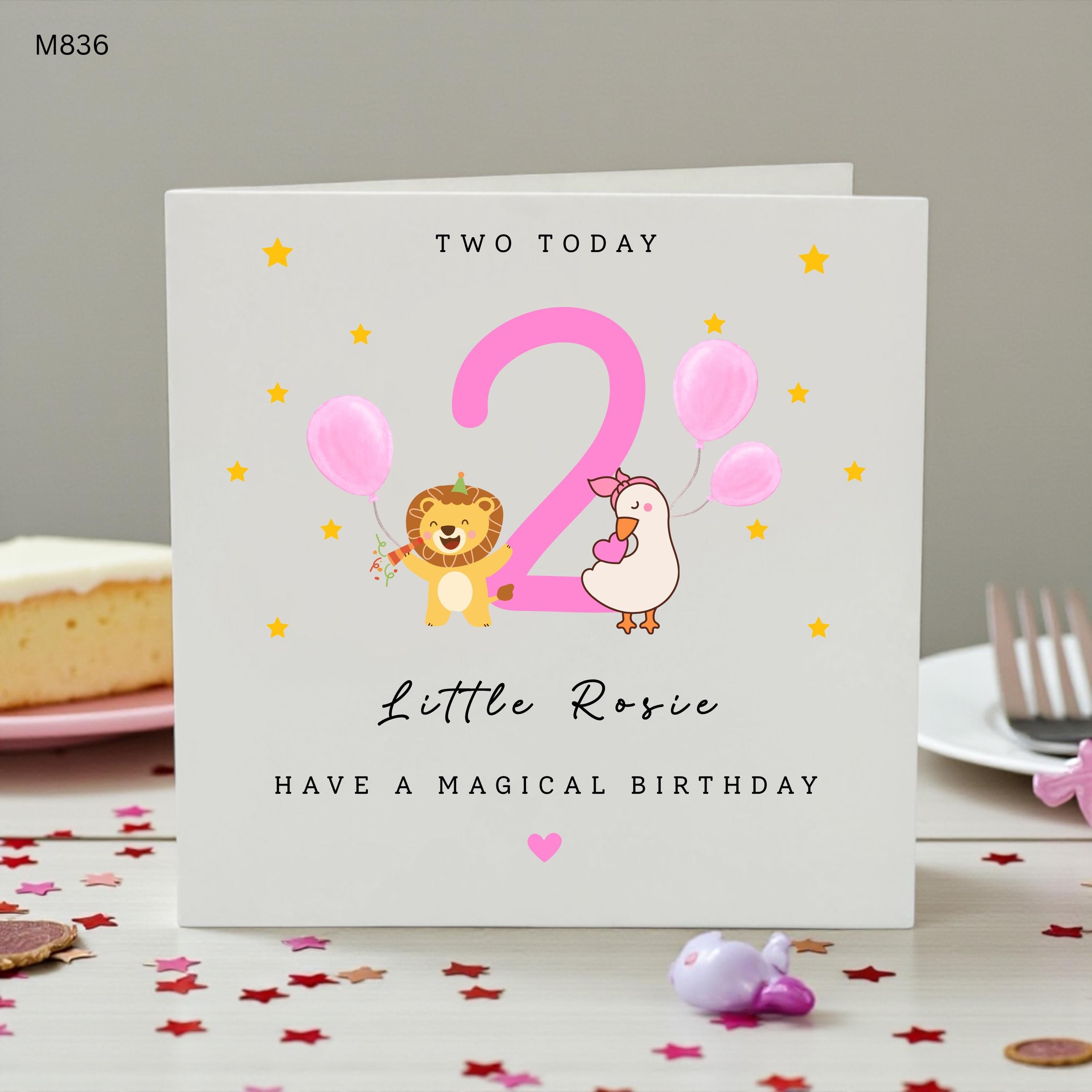 Personalised 2nd Birthday Card Girl, Cute Animal Birthday Card, Custom Name Two Today Card, Pink 2nd Birthday Card for Daughter