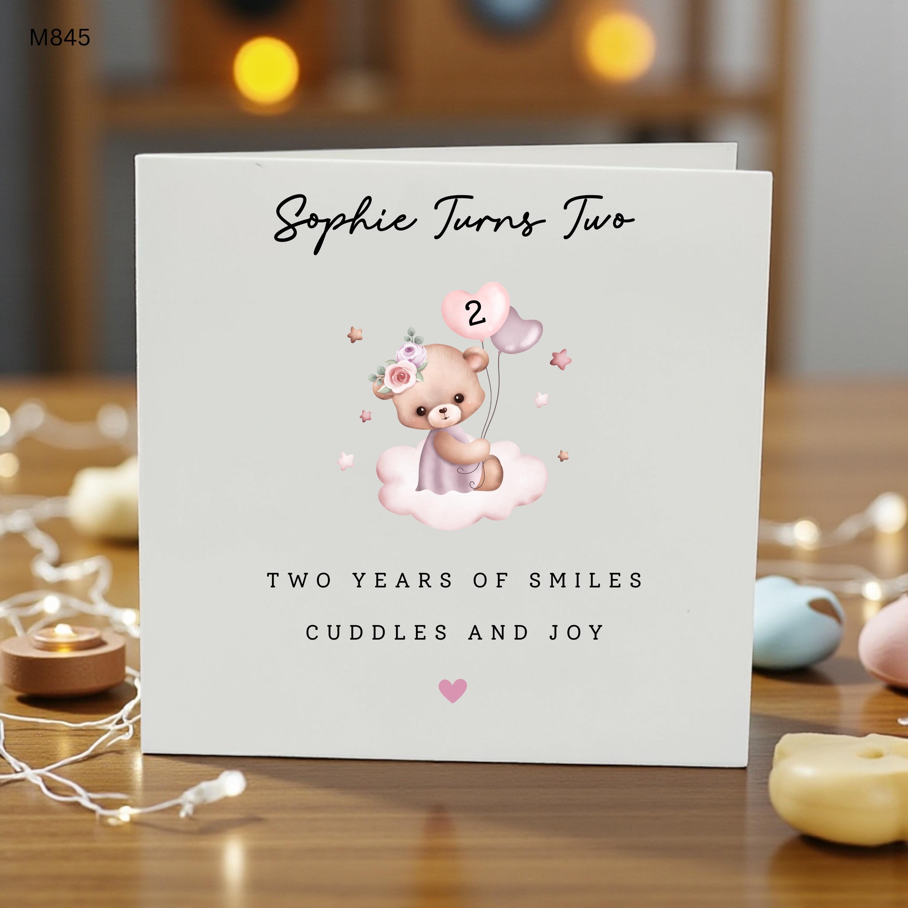 Personalised 2nd Birthday Card Girl, Cute Teddy Bear 2nd Birthday Card, Custom Name Two Years Old Birthday Card for Daughter