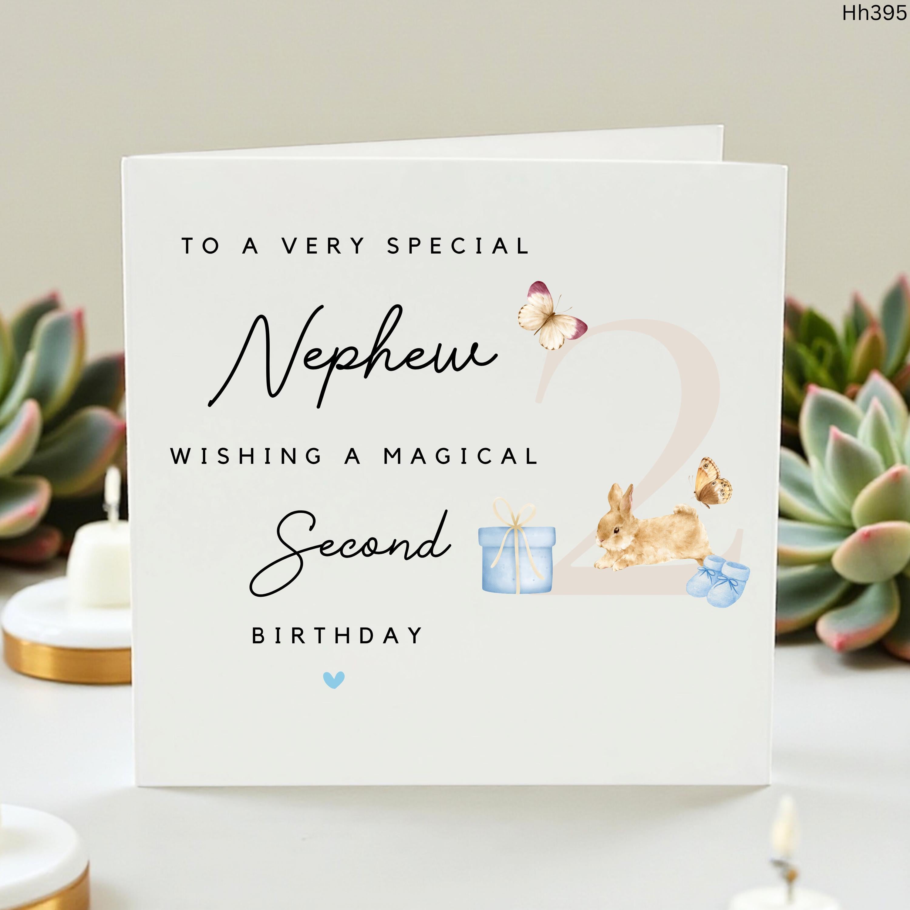 Nephew 2nd Birthday Card, Personalised Second Birthday Card For Nephew, Cute Bunny Age 2 Birthday Gift