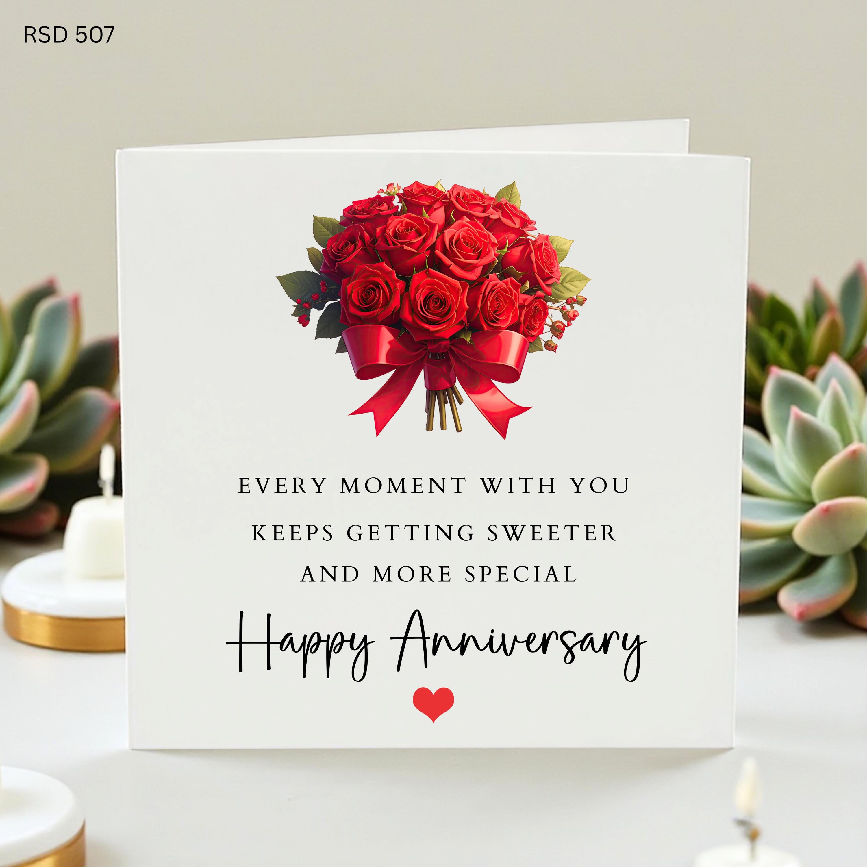 Happy Anniversary Card for Wife Husband, Romantic Red Roses Bouquet Love Card, Personalised Anniversary Gift for Partner