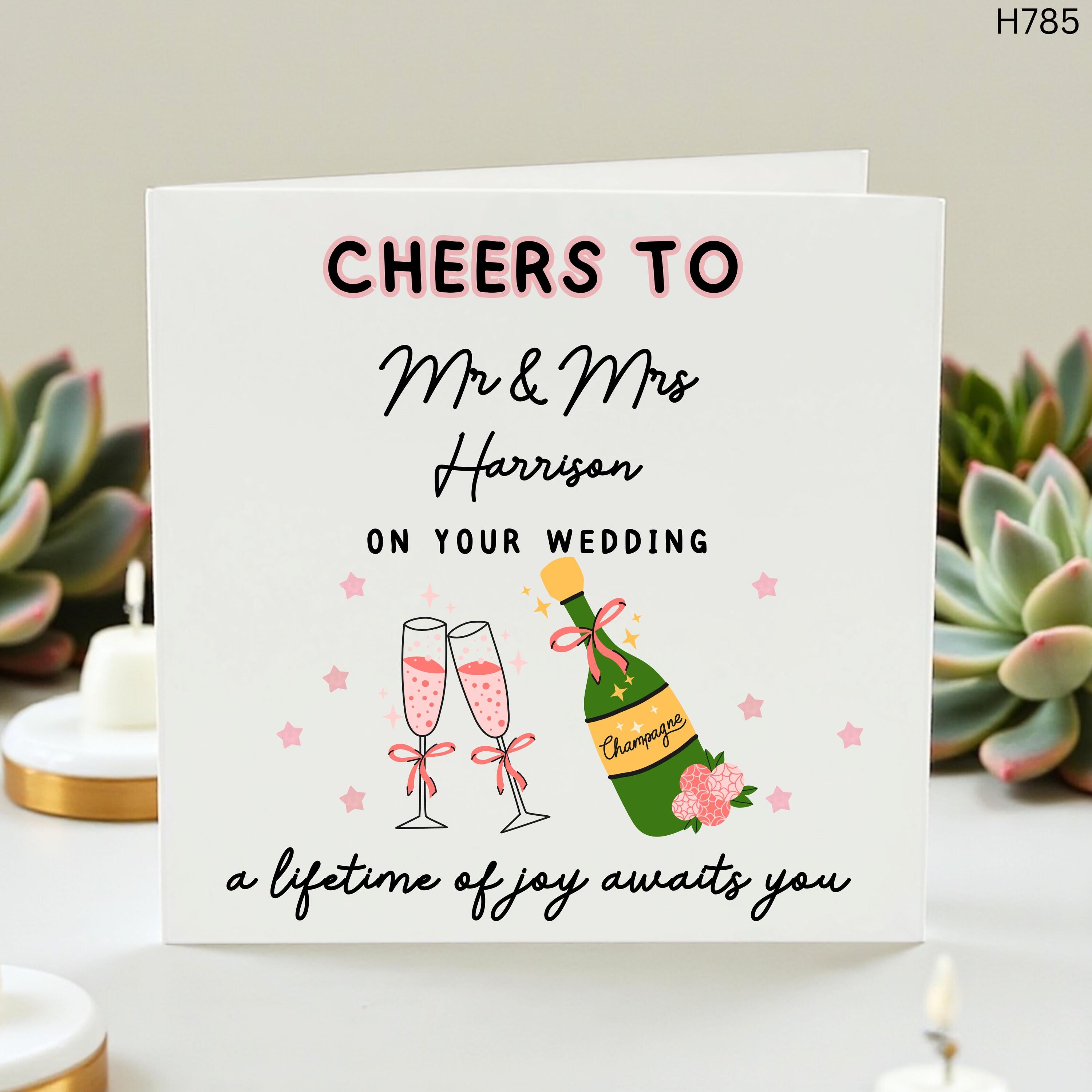 Personalised Wedding Congratulations Card, Mr & Mrs Custom Name Card, Champagne Cheers Newlywed Couple Card, Bride Groom Gift
