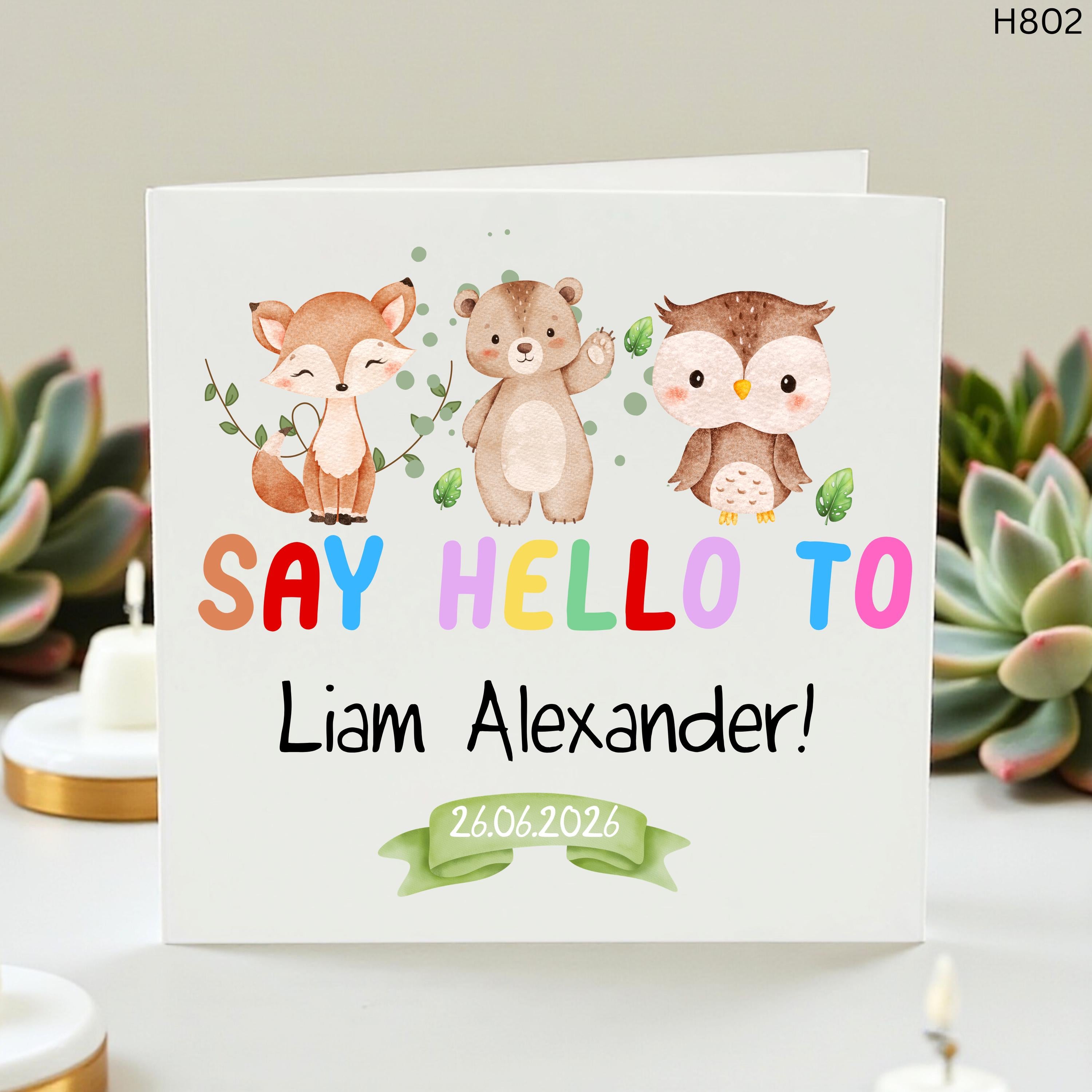 Personalised New Baby Card, Say Hello To Baby Boy Card, Woodland Animals Birth Announcement Card, Custom Name Date Keepsake
