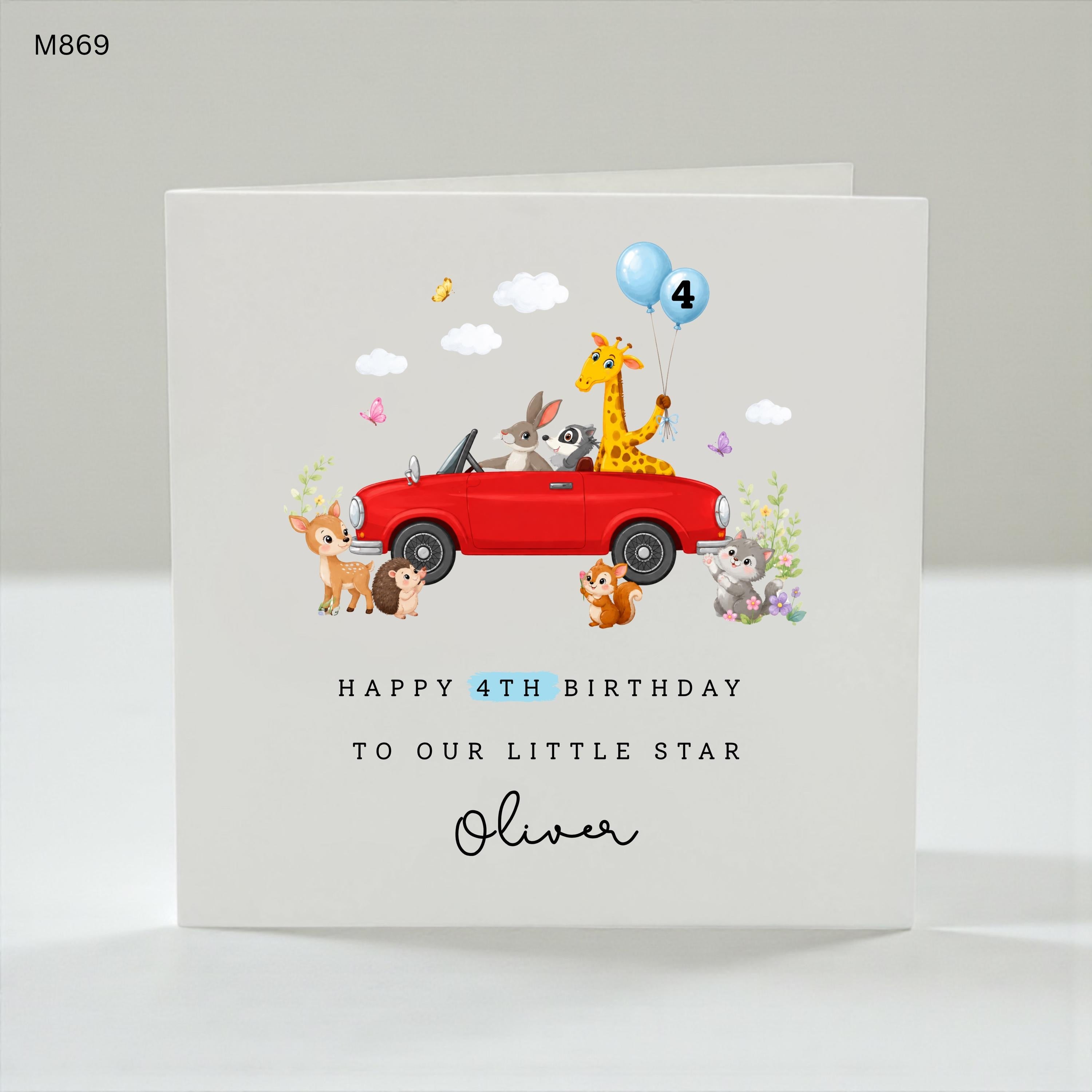 Personalised 4th Birthday Card Boy, Animal Birthday Card, Custom Name Birthday Card, Cute Safari Birthday Card for Kids
