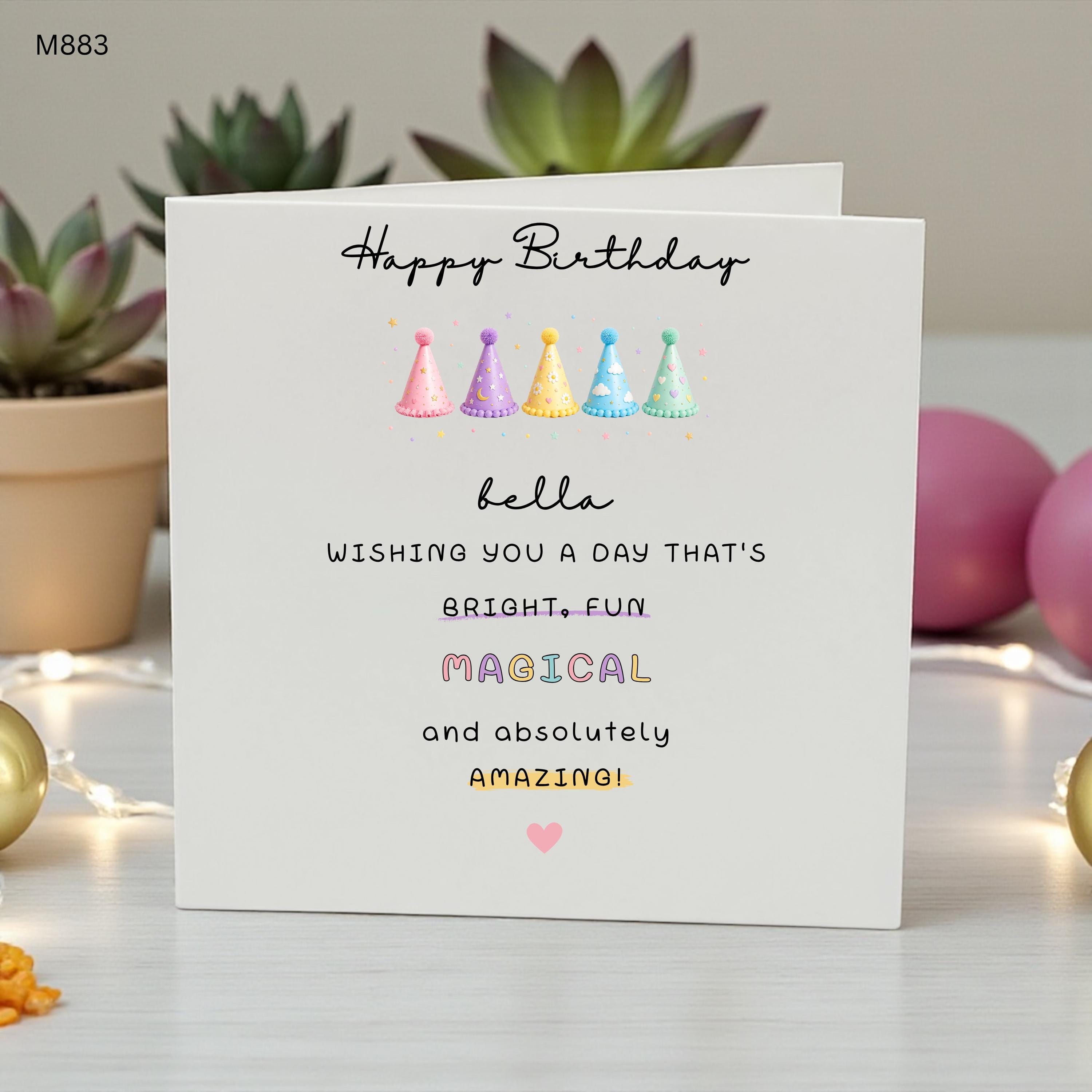 Personalised Birthday Card for Her, Custom Name Birthday Card, Colourful Party Hat Card, Cute Birthday Greeting Card for Daughter Sister