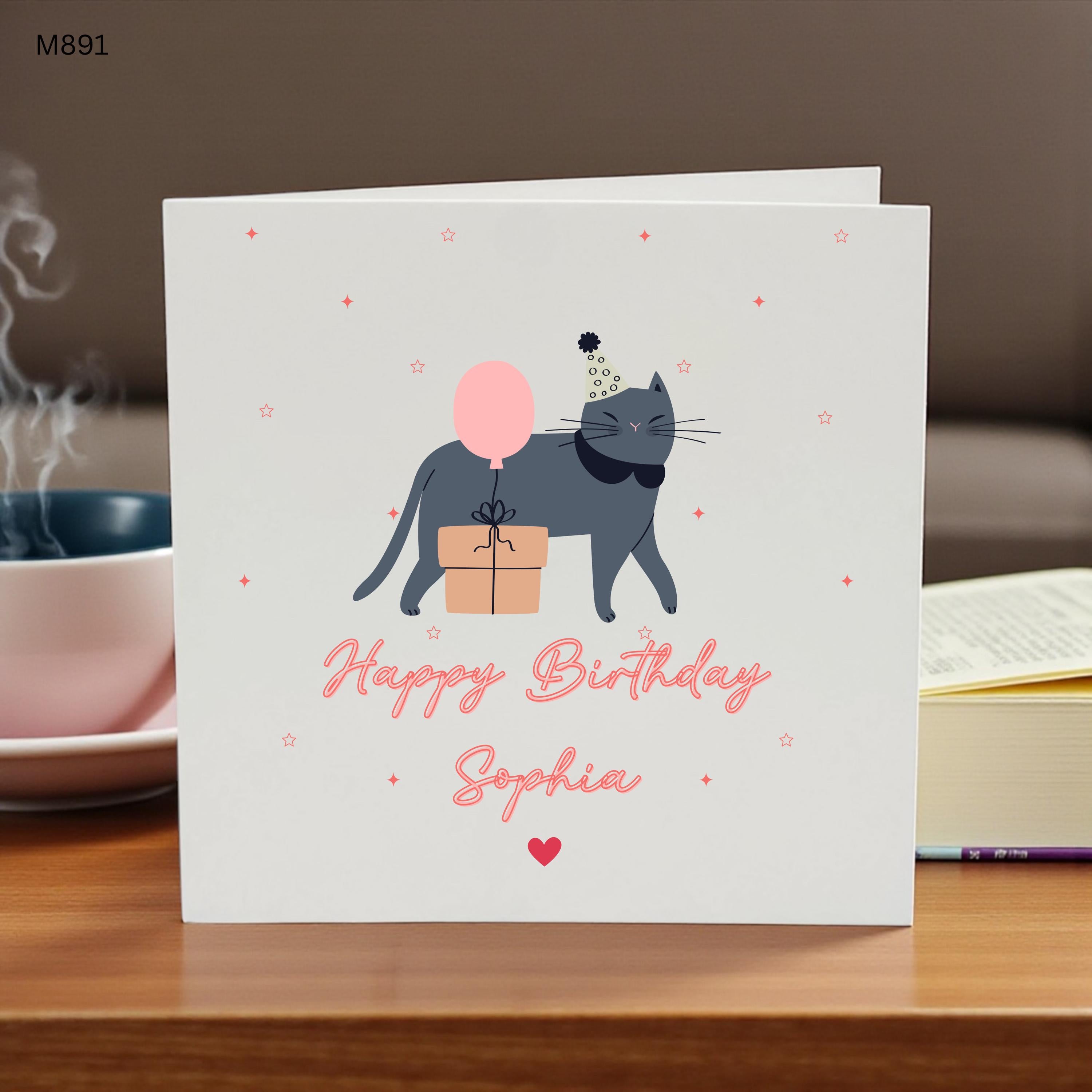 Personalised Cat Birthday Card, Custom Name Birthday Card for Cat Lover, Cute Cat Birthday Greeting Card, Daughter Friend Sister Gift