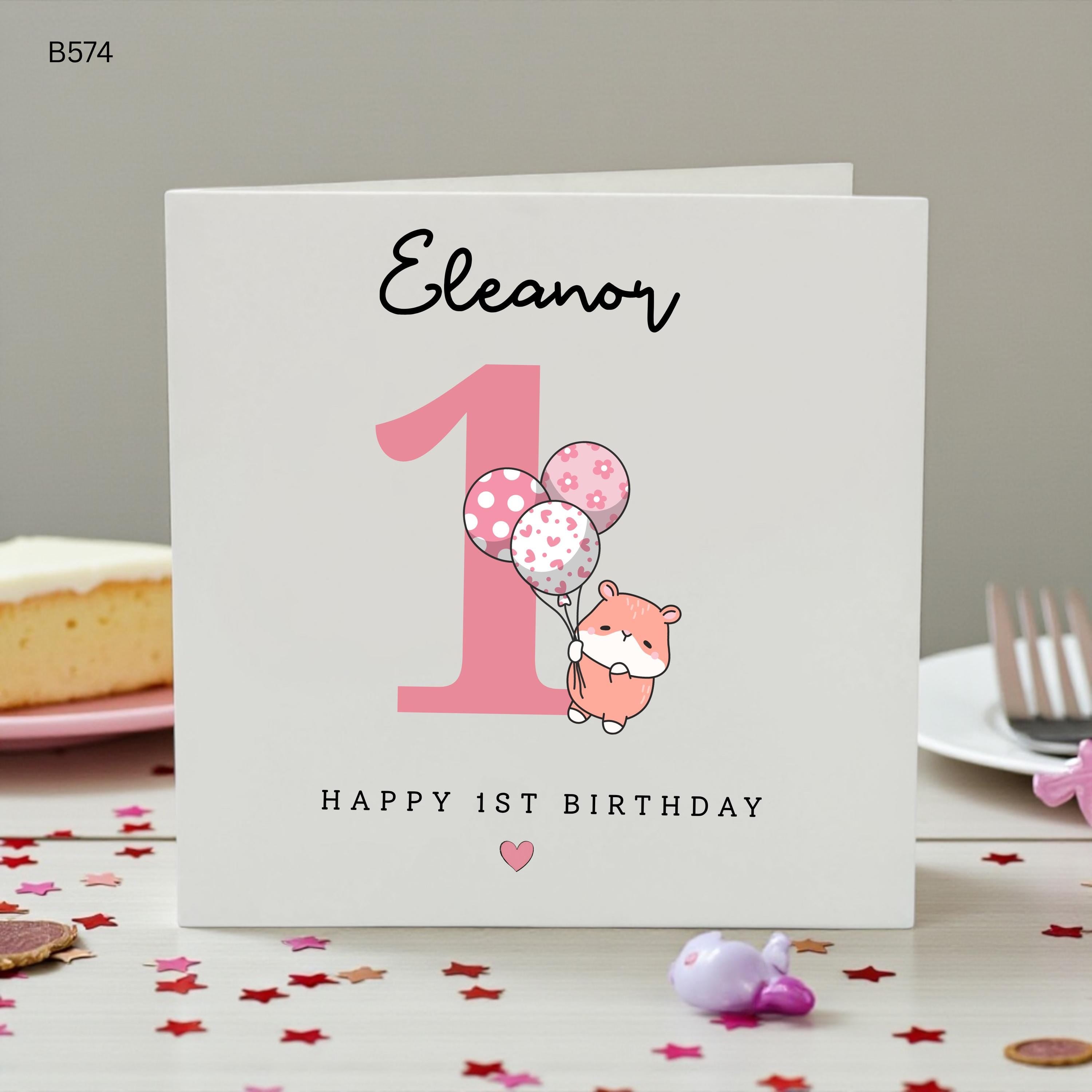 Personalised 1st Birthday Card for Baby Girl, Cute Bear First Birthday Card, Custom Name Age One Birthday Card, Pink Balloon Card