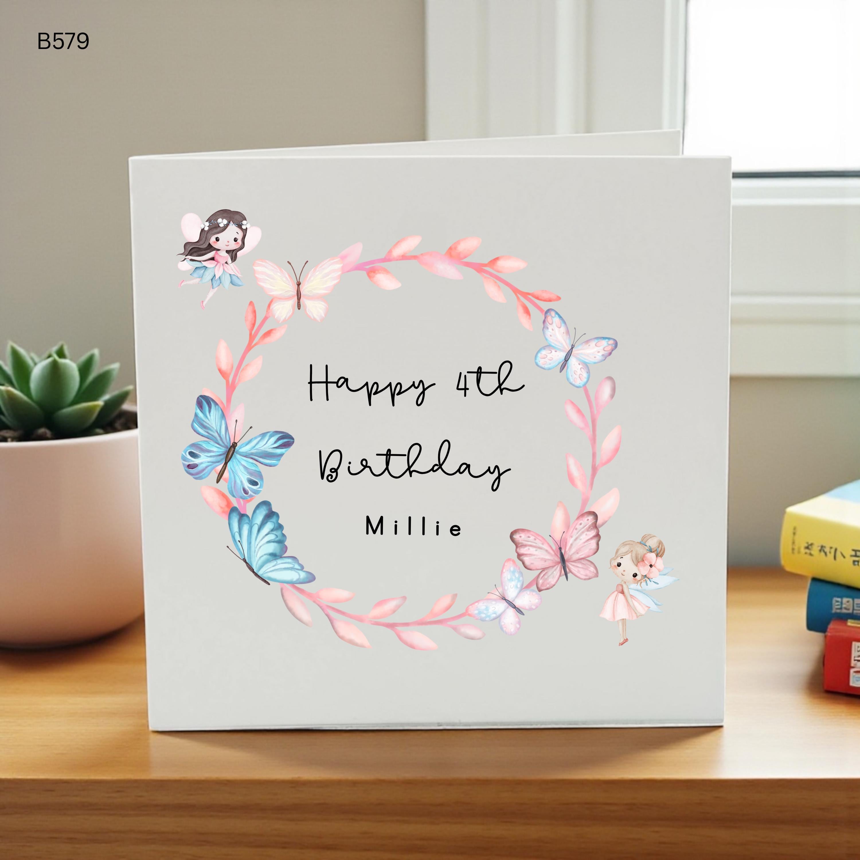 Personalised 4th Birthday Fairy Card, Custom Fairy Butterfly Birthday Card for Girl, Magical 4th Birthday Card, Fairy Keepsake