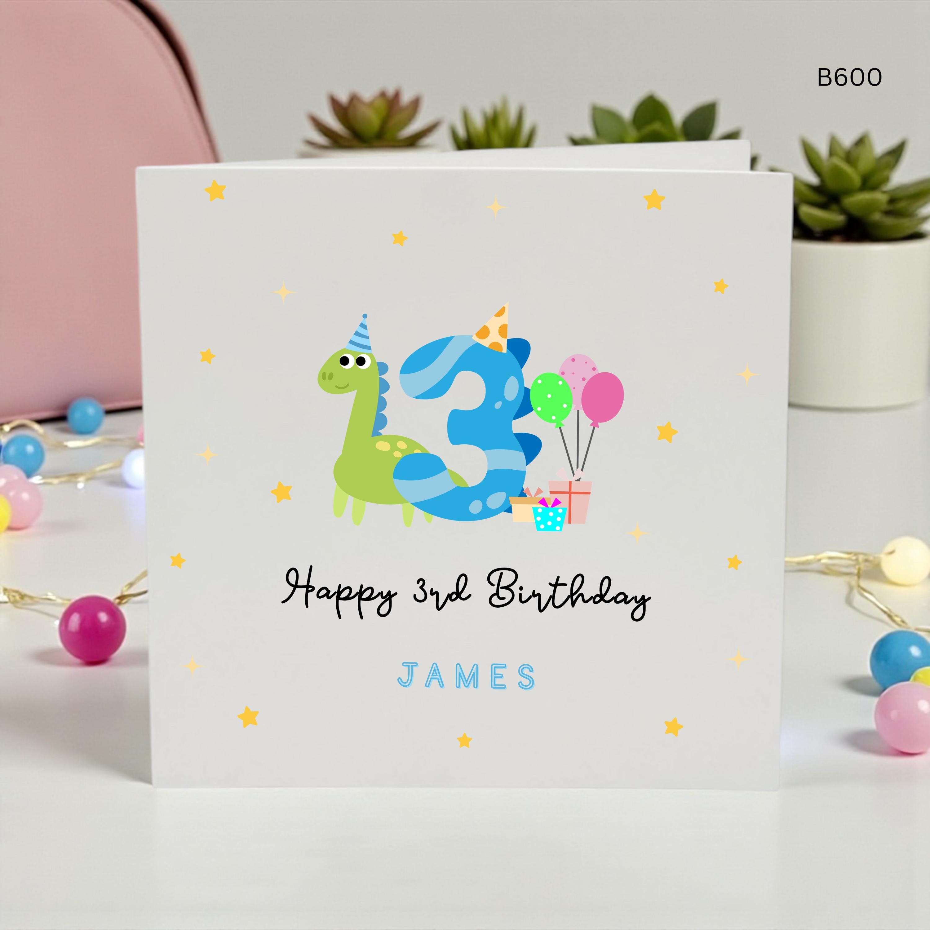 Personalised Dinosaur 3rd Birthday Card, Custom Name Age 3 Birthday Card, Cute Dino Birthday Card For Boy, Third Birthday , Dinosaur Party
