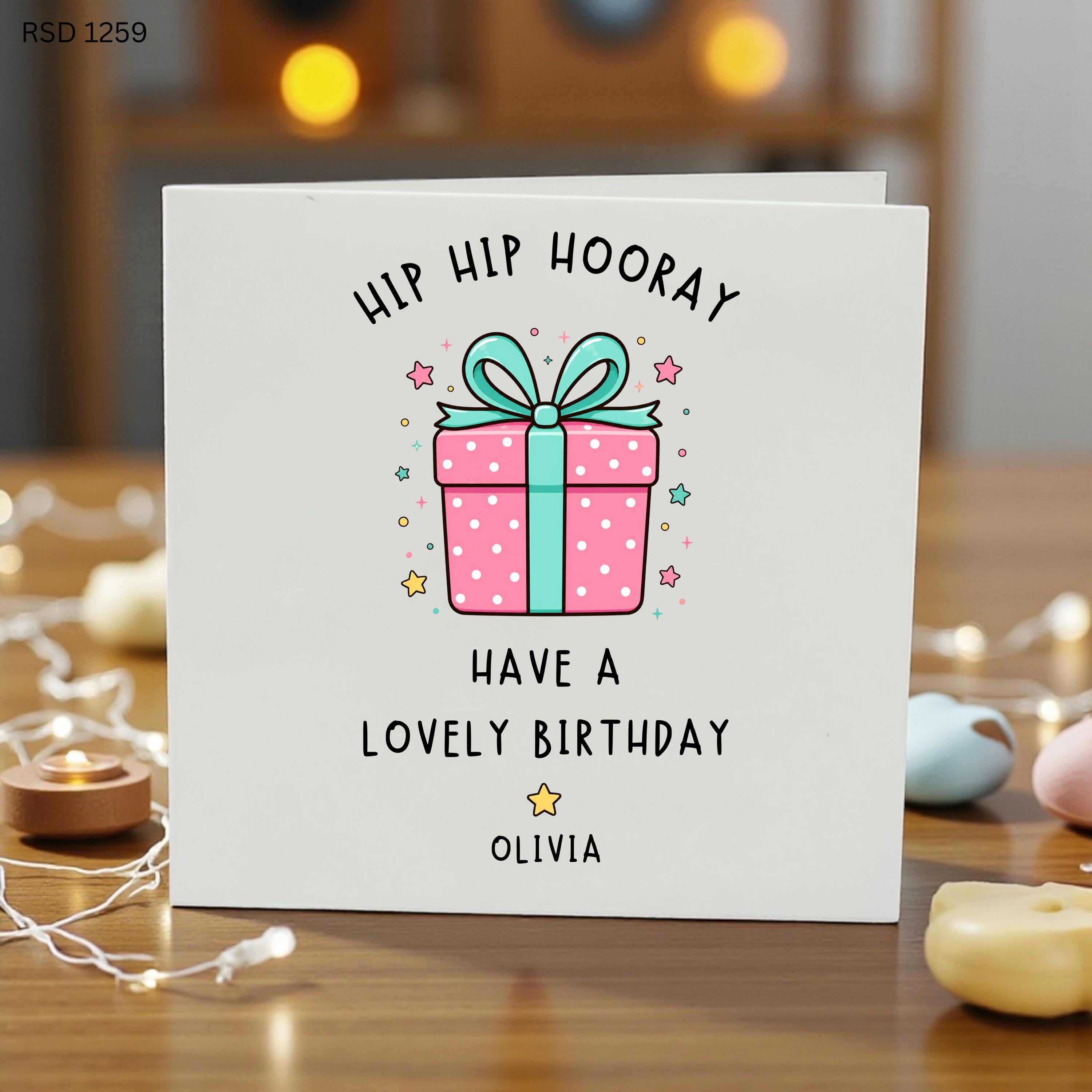 Personalised Birthday Card for Girl, Hip Hip Hooray Birthday Card, Custom Name Birthday Card, Cute Gift Box Card, Birthday Card for Daughter