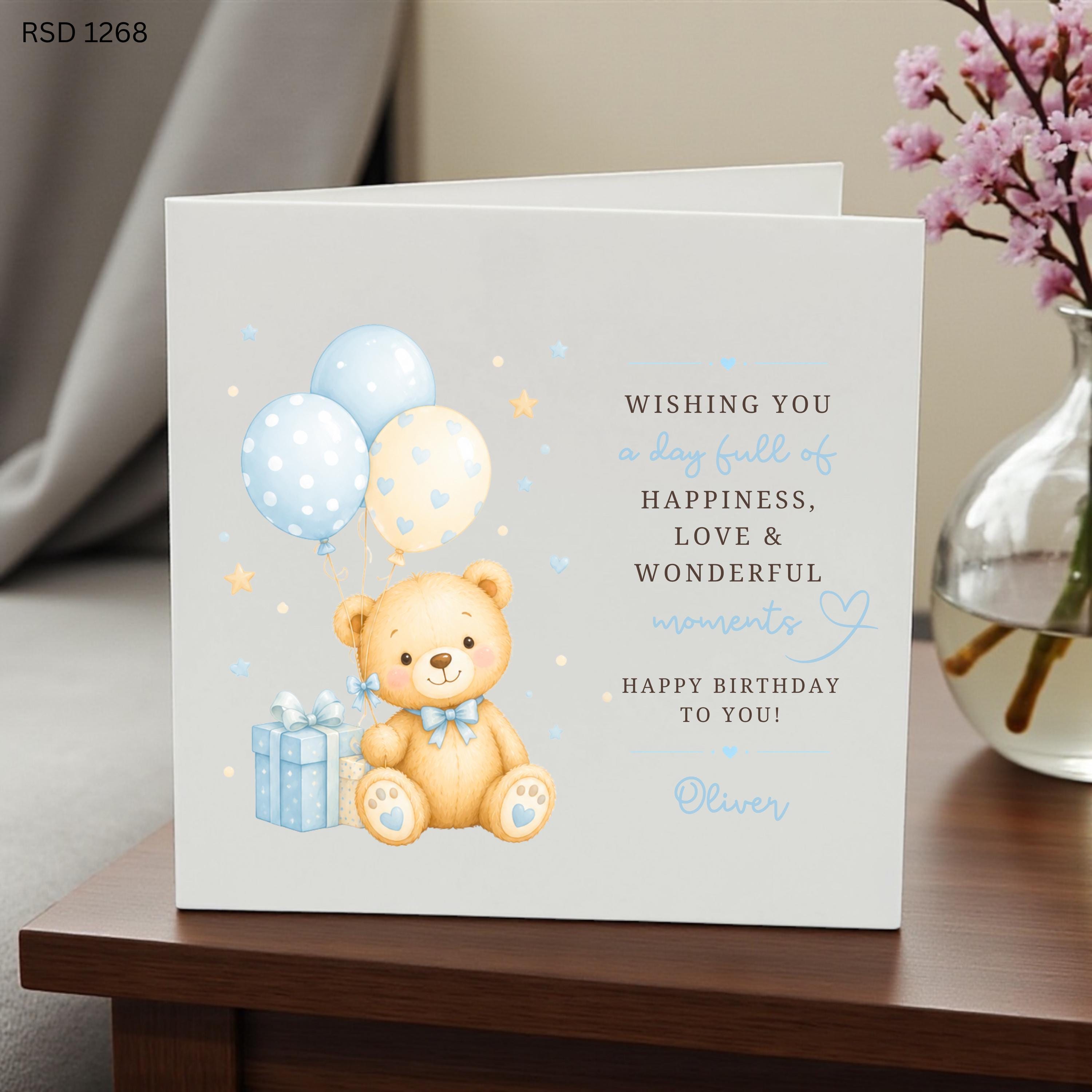 Personalized Teddy Bear Birthday Card for Boy, Cute Blue Bear Birthday Card, Custom Kids Birthday Card, Son Grandson Nephew Birthday Card