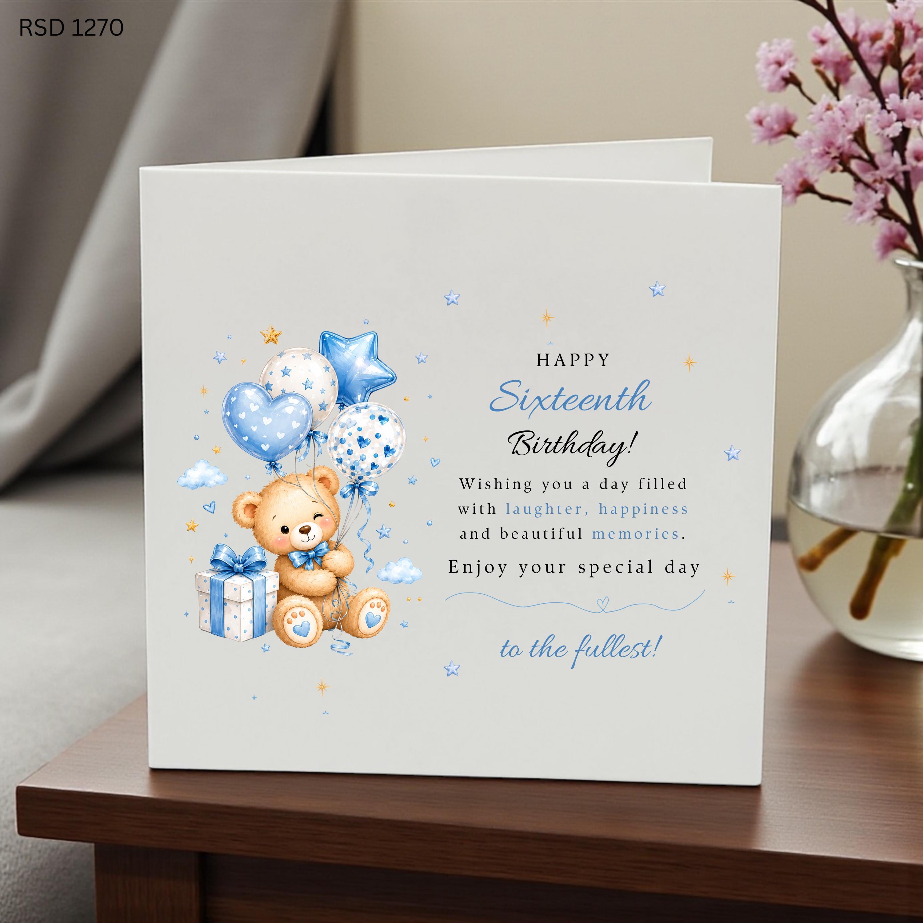 Personalised 16th Birthday Card, Happy Sixteenth Birthday Card for Boy, Sweet 16 Teddy Bear Card, Custom Teen Birthday Card, 16th Birthday