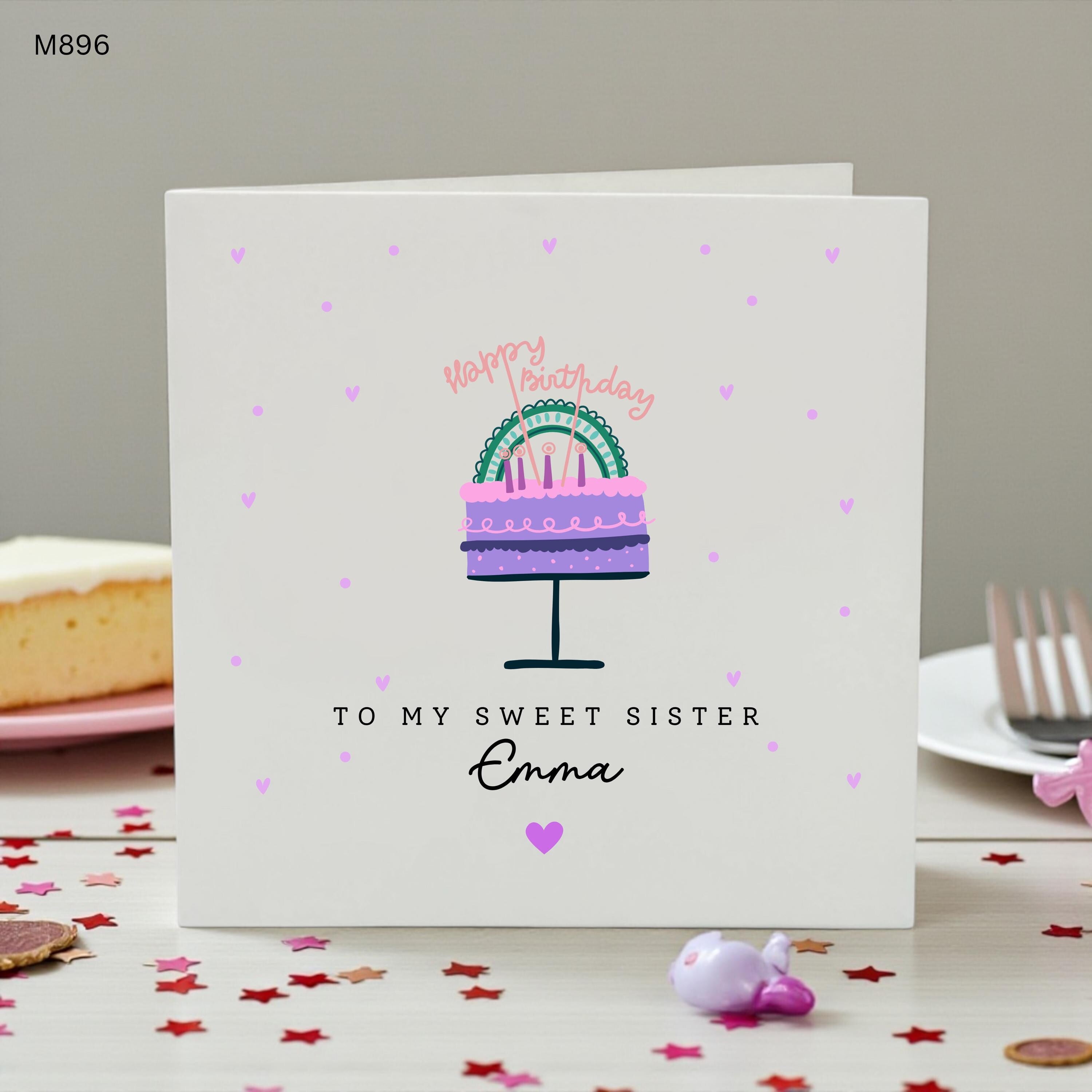 Personalised Sister Birthday Card, To My Sweet Sister Birthday Card, Custom Name Birthday Card for Sister, Cute Cake Birthday Card