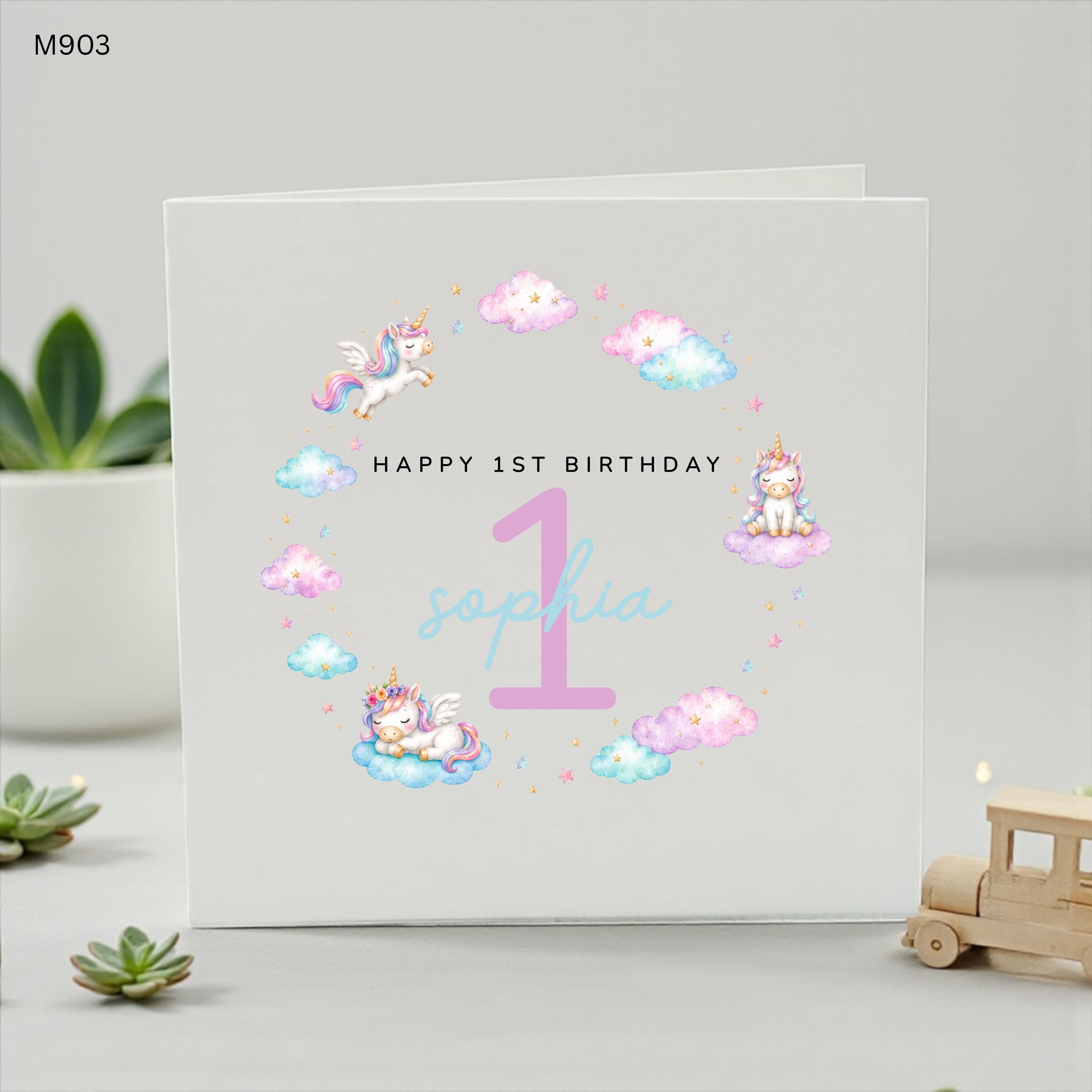 Personalised Unicorn 1st Birthday Card, First Birthday Card for Girl, Custom Name Age One Birthday Card, Magical Unicorn Birthday Card