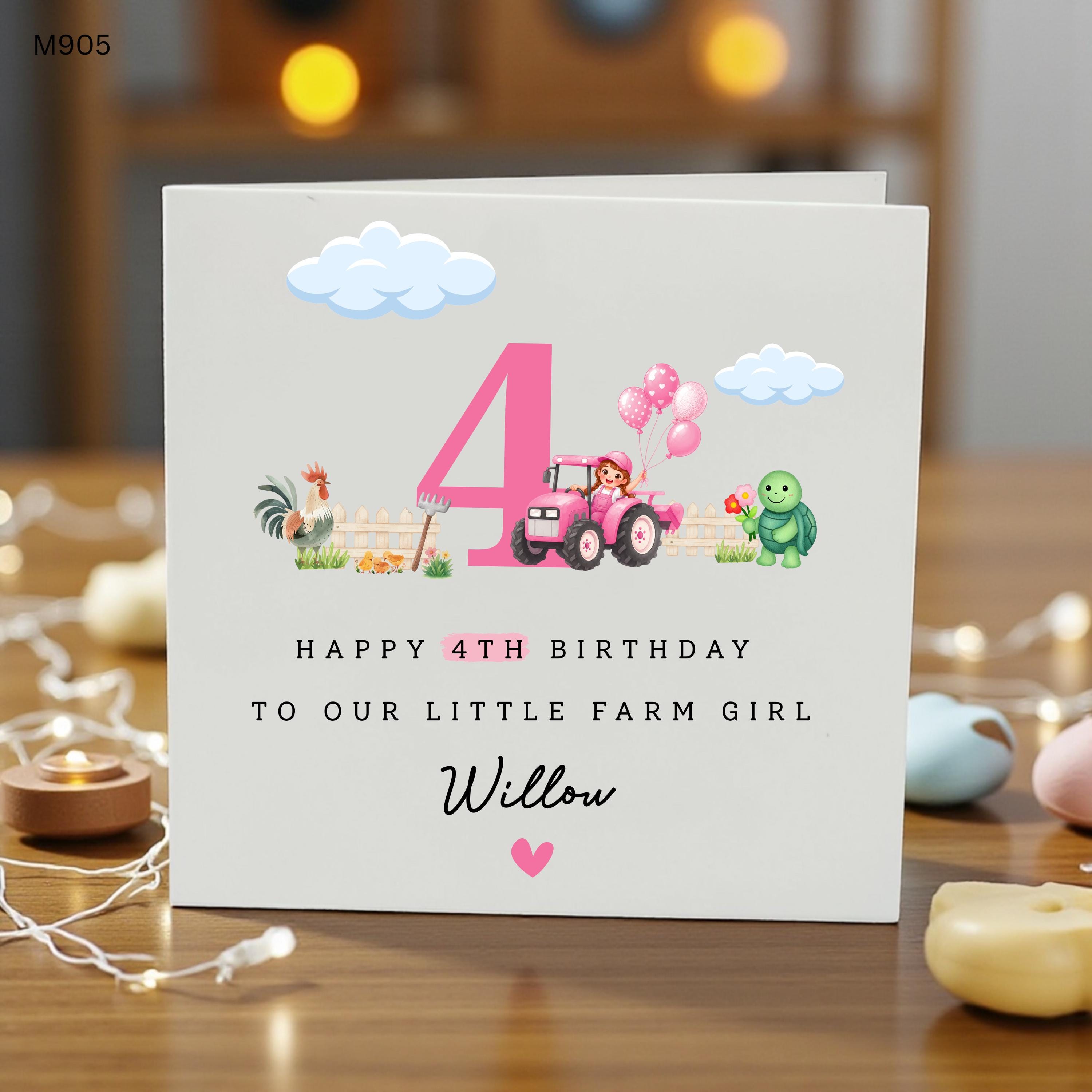 Personalised 4th Birthday Farm Girl Card, Custom Name 4th Birthday Card for Girl, Tractor Birthday Card, Farm Themed Birthday Card