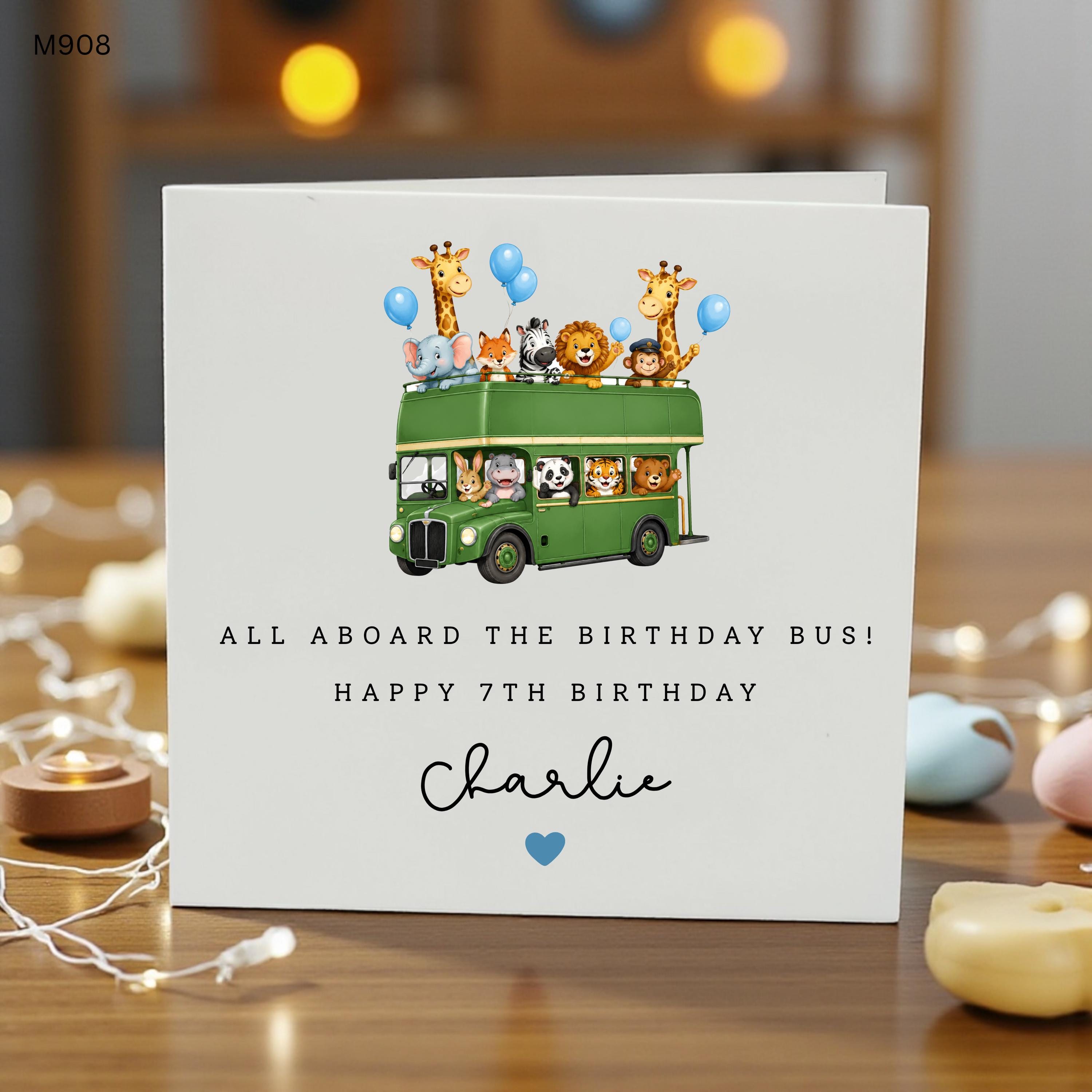 Personalised 7th Birthday Card Boy, Safari Animal Birthday Bus Card, Custom Name Birthday Card, Jungle Animals Birthday Greeting