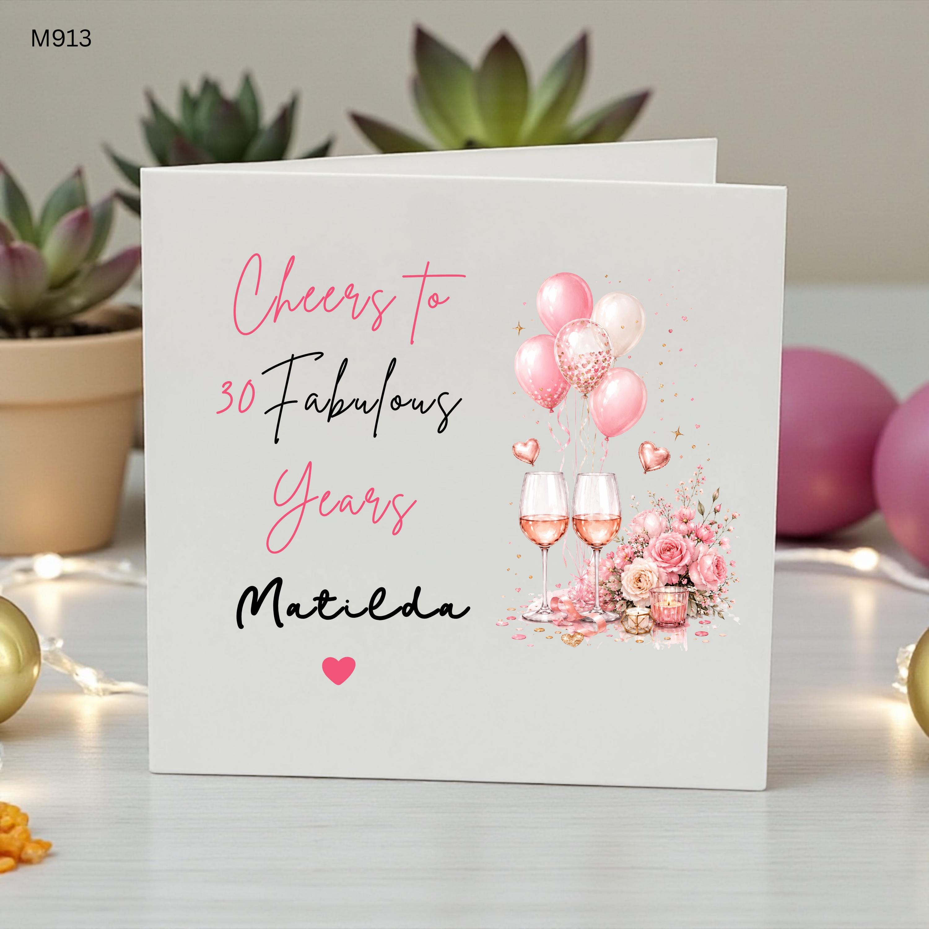 Personalised 30th Birthday Card for Her, Cheers To 30 Fabulous Years Card, Custom Name 30th Birthday Card, Milestone Birthday Gift