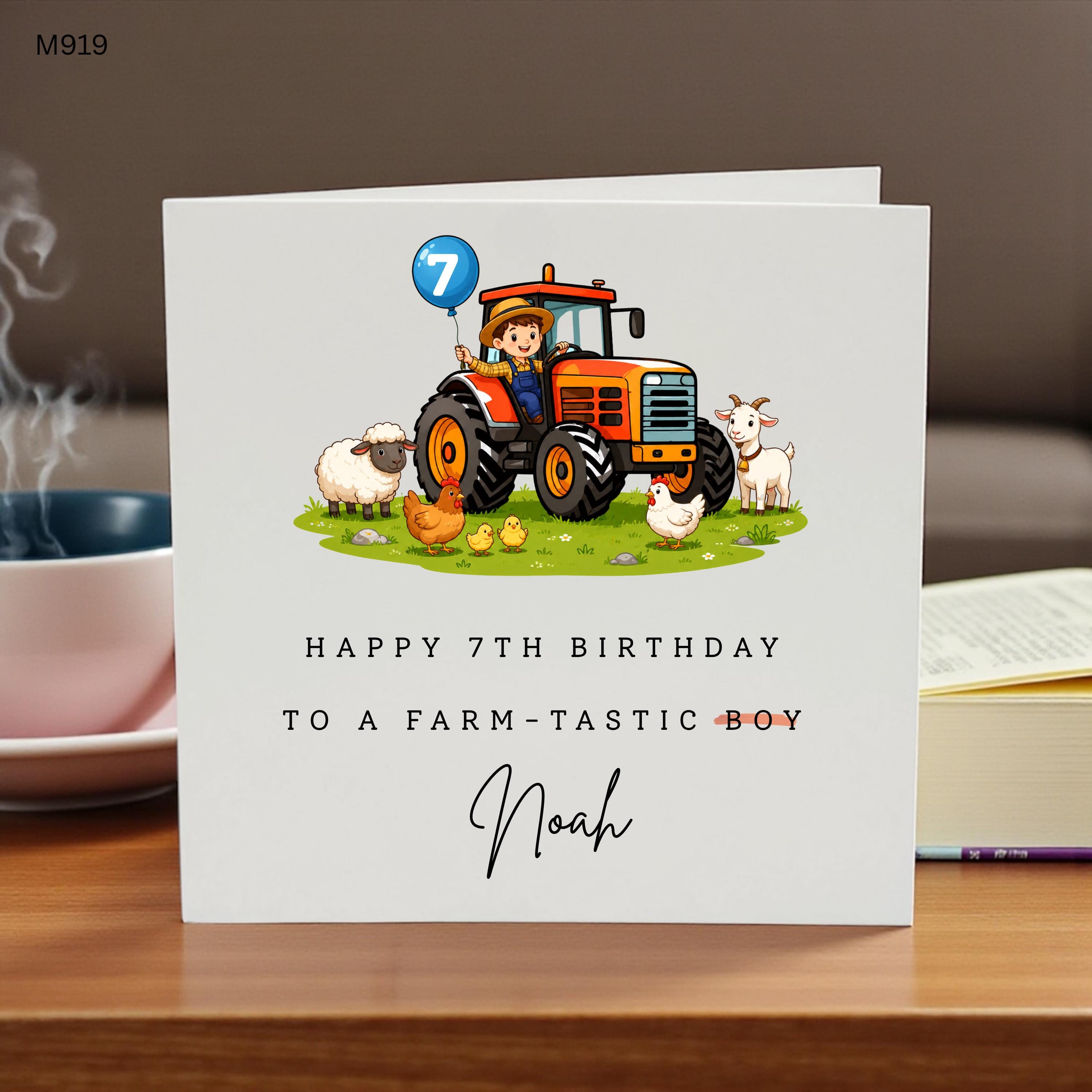 Personalised 7th Birthday Card Boy, Tractor Birthday Card, Farm Animal Birthday Card, Custom Name Farm Birthday Card for Kids