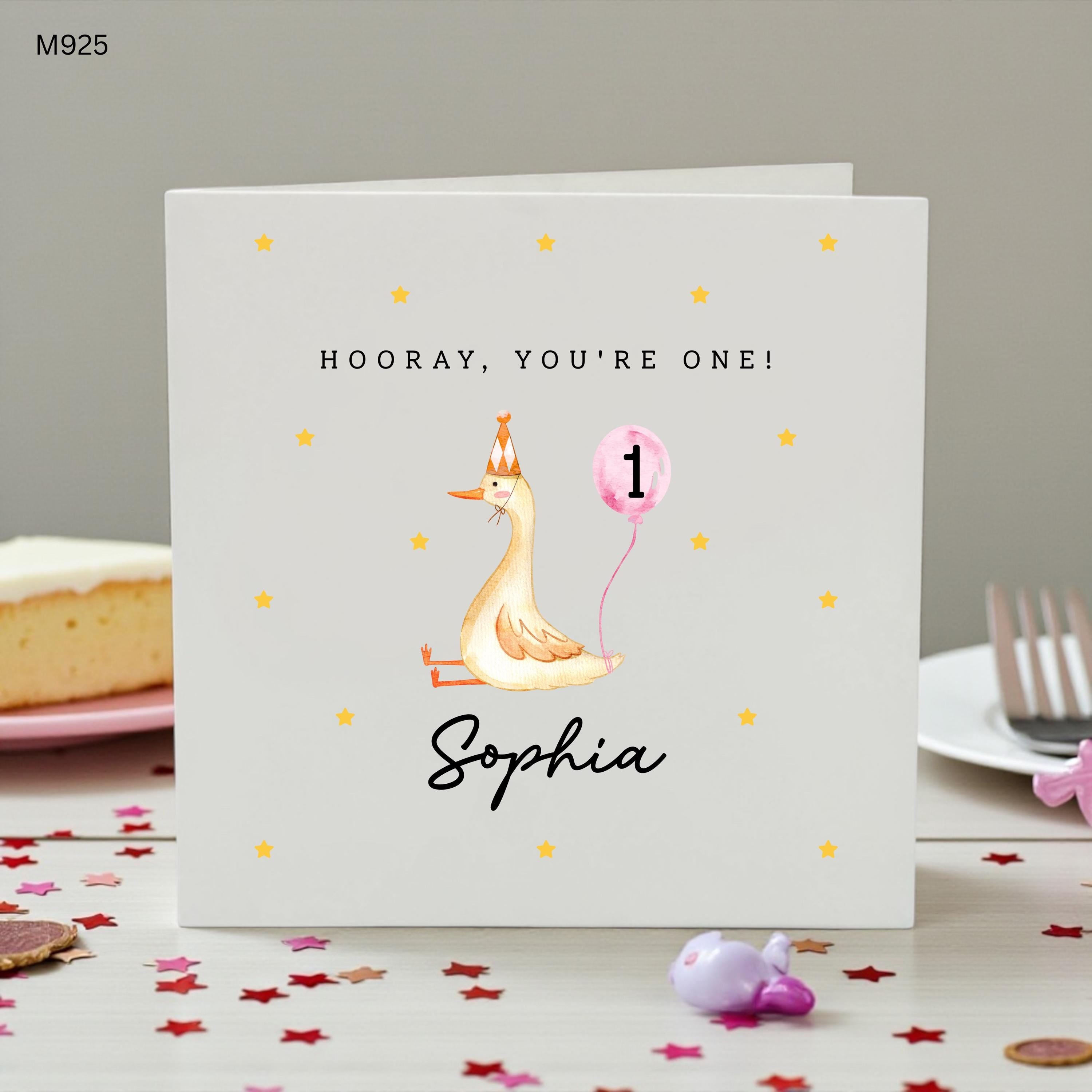 Personalised 1st Birthday Card Girl, Cute Goose Birthday Card, Custom Name First Birthday Card, One Year Old Birthday , Baby Girl Birthday