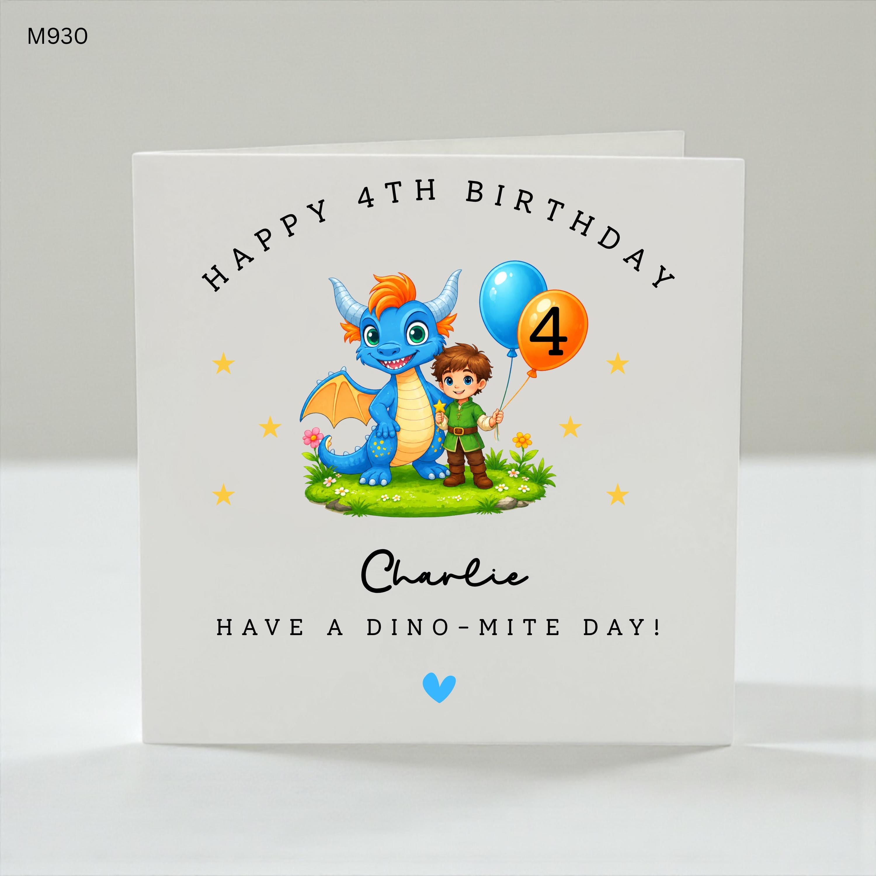 Personalised 4th Birthday Dragon Card Boy, Cute Dragon Birthday Card, Custom Name Age 4 Birthday Card, Dino Birthday Boys, Fantasy Birthday