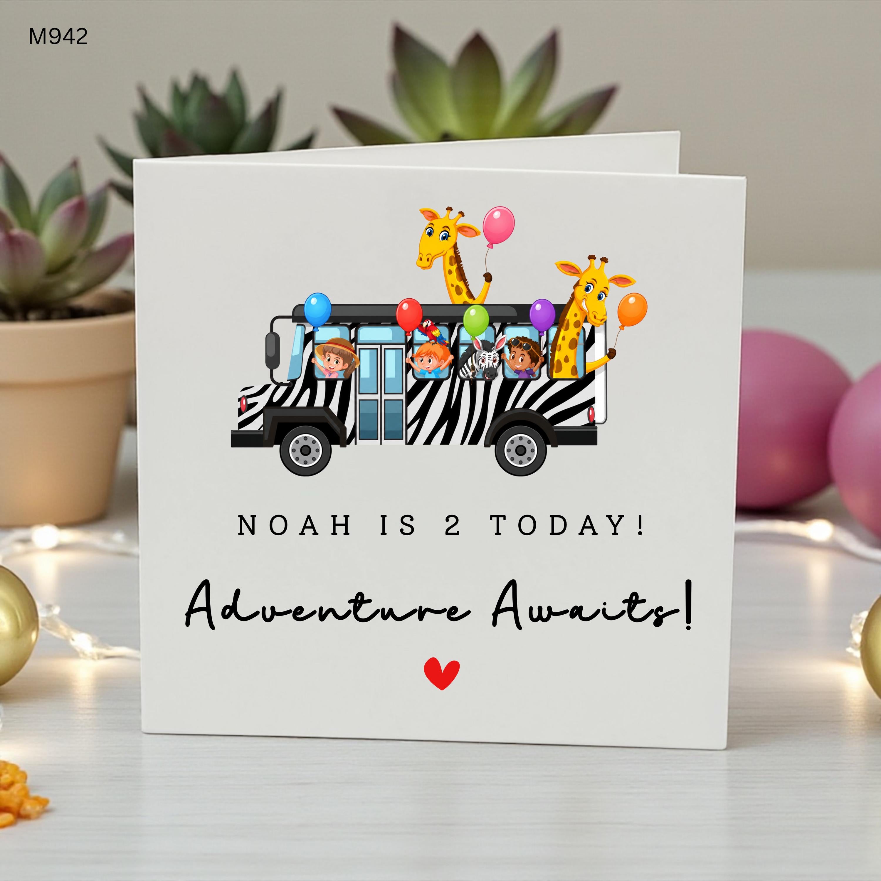 Personalised 2nd Birthday Card Boy, Safari Bus Birthday Card, Jungle Animal Birthday Card, Custom Name Age 2 Card, Second Birthday Boy