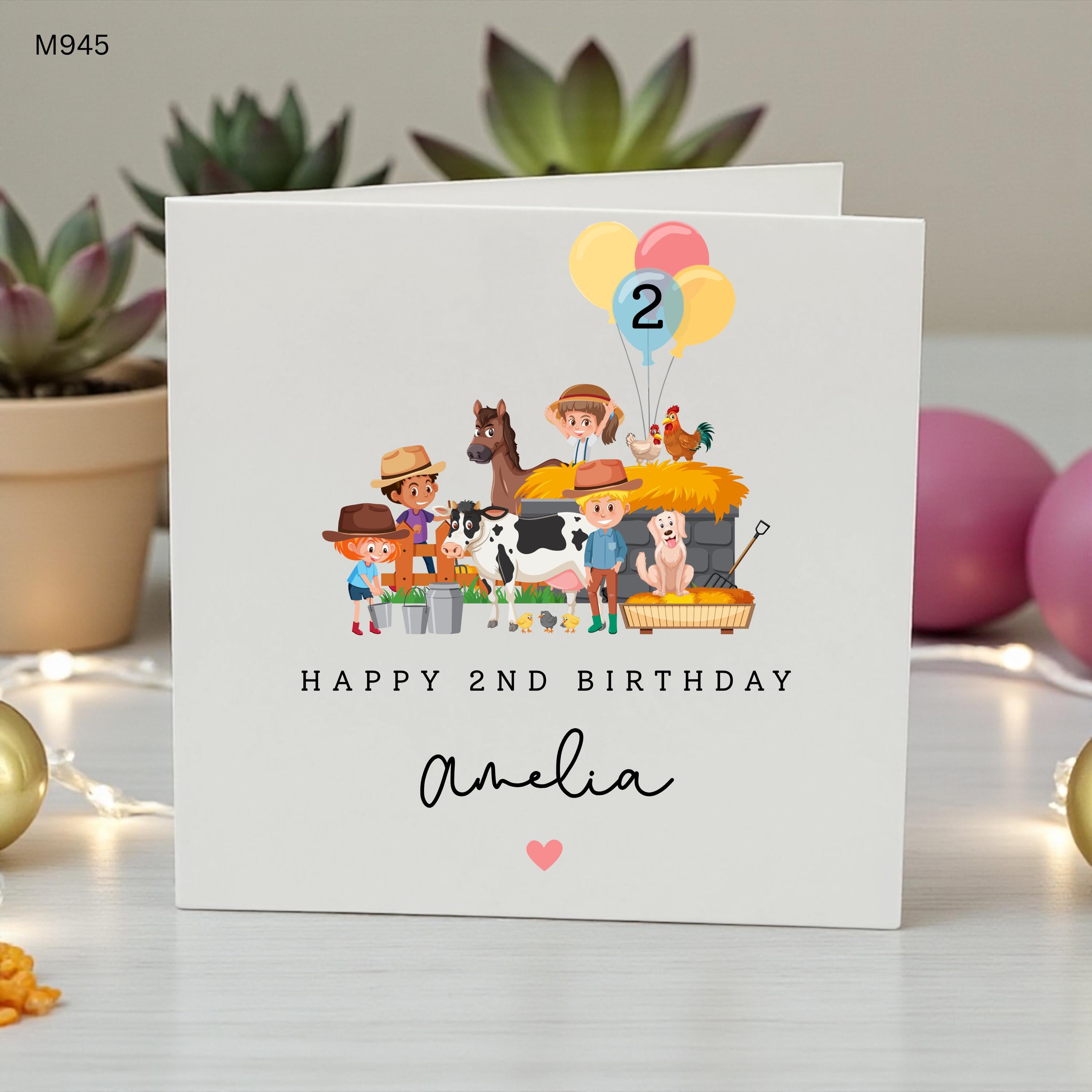 Personalised 2nd Birthday Card Girl, Farm Animal Birthday Card, Farmyard Birthday Card, Custom Name Age 2 Card, Second Birthday Girl