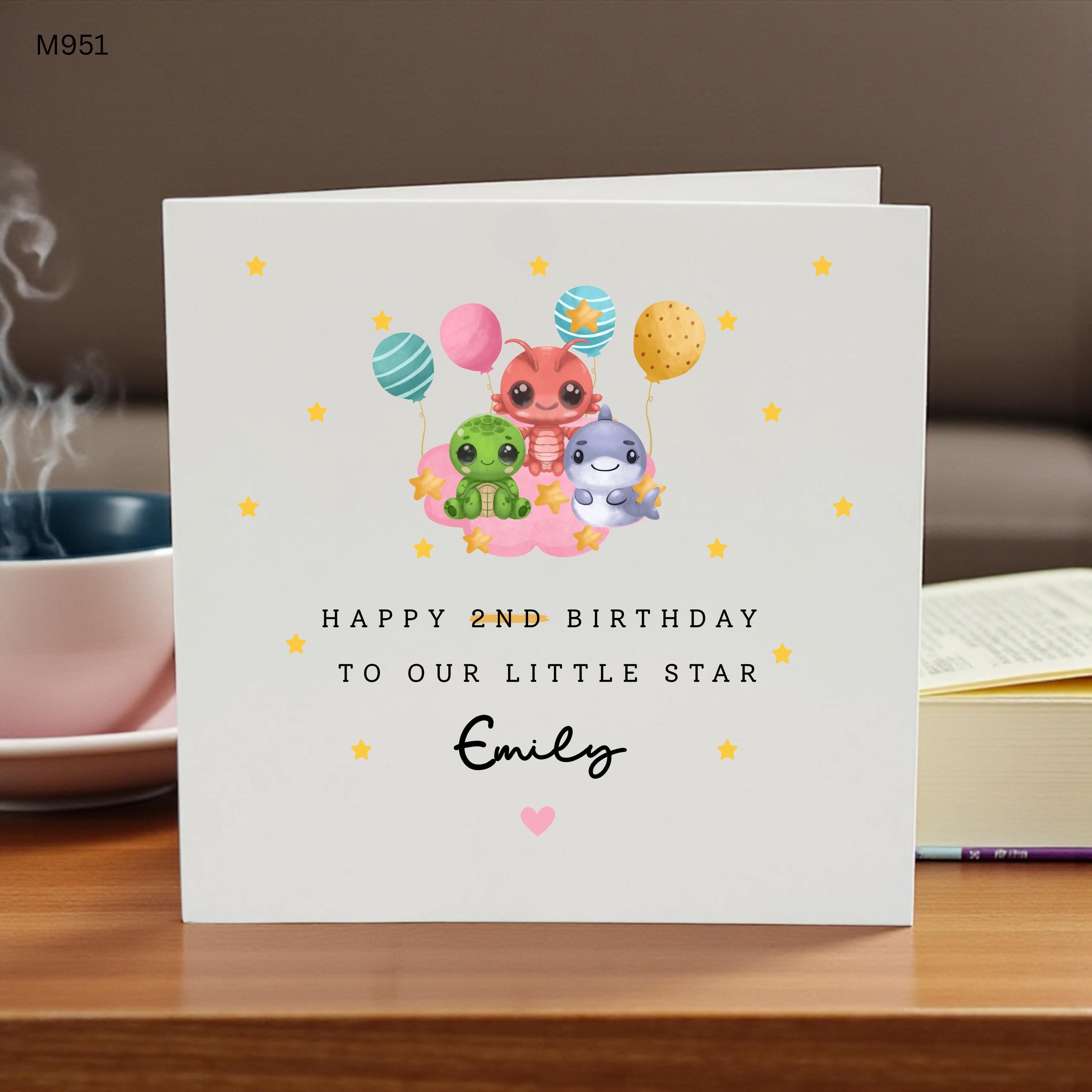 2nd Birthday Card Girl, Personalized 2nd Birthday Card, Happy 2nd Birthday Card, Cute Sea Animal Birthday Card, Custom Name Birthday Card,