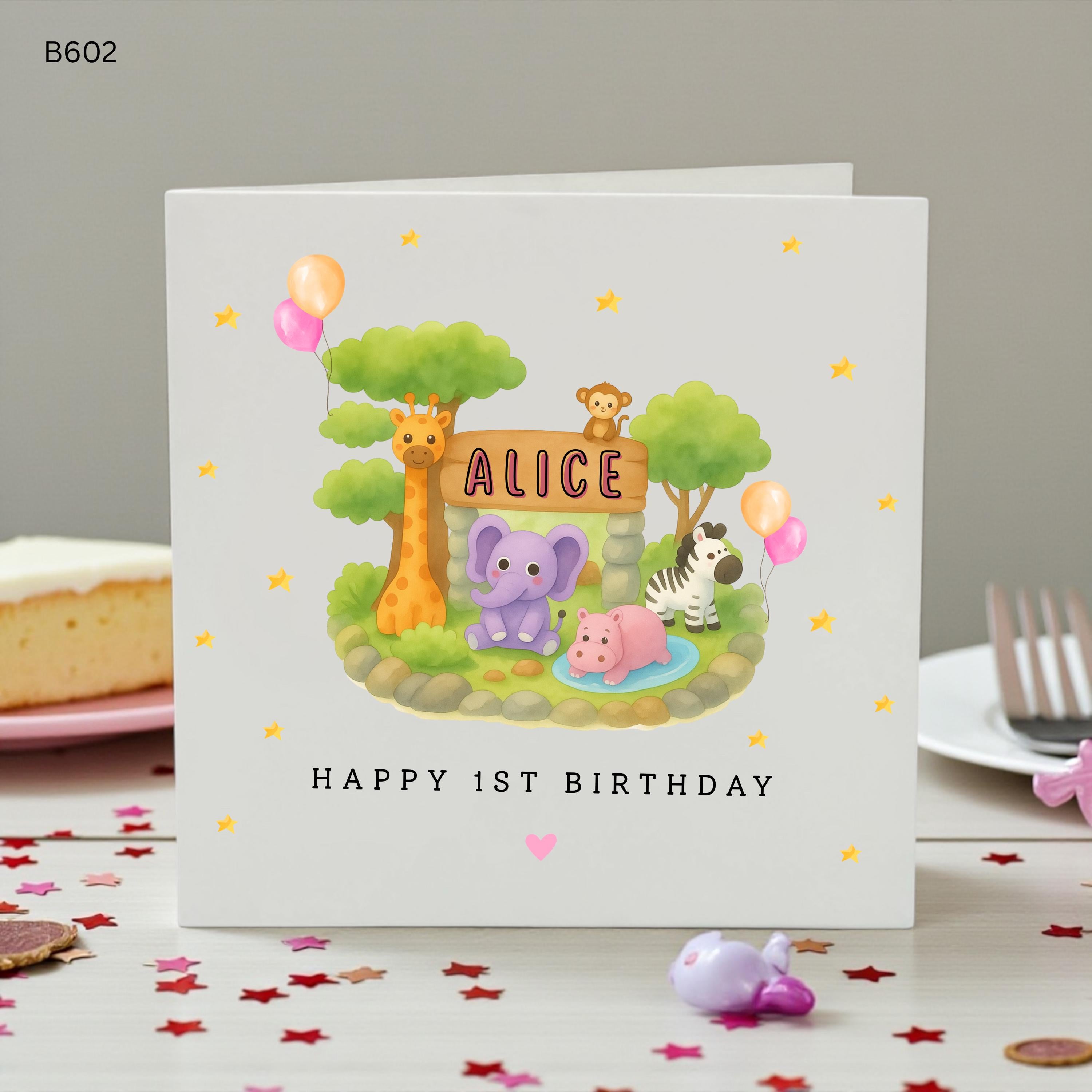 Personalised 1st Birthday Card Girl, Jungle Animals Birthday Card, First Birthday Card Daughter, Safari Birthday Card, Custom Name Card