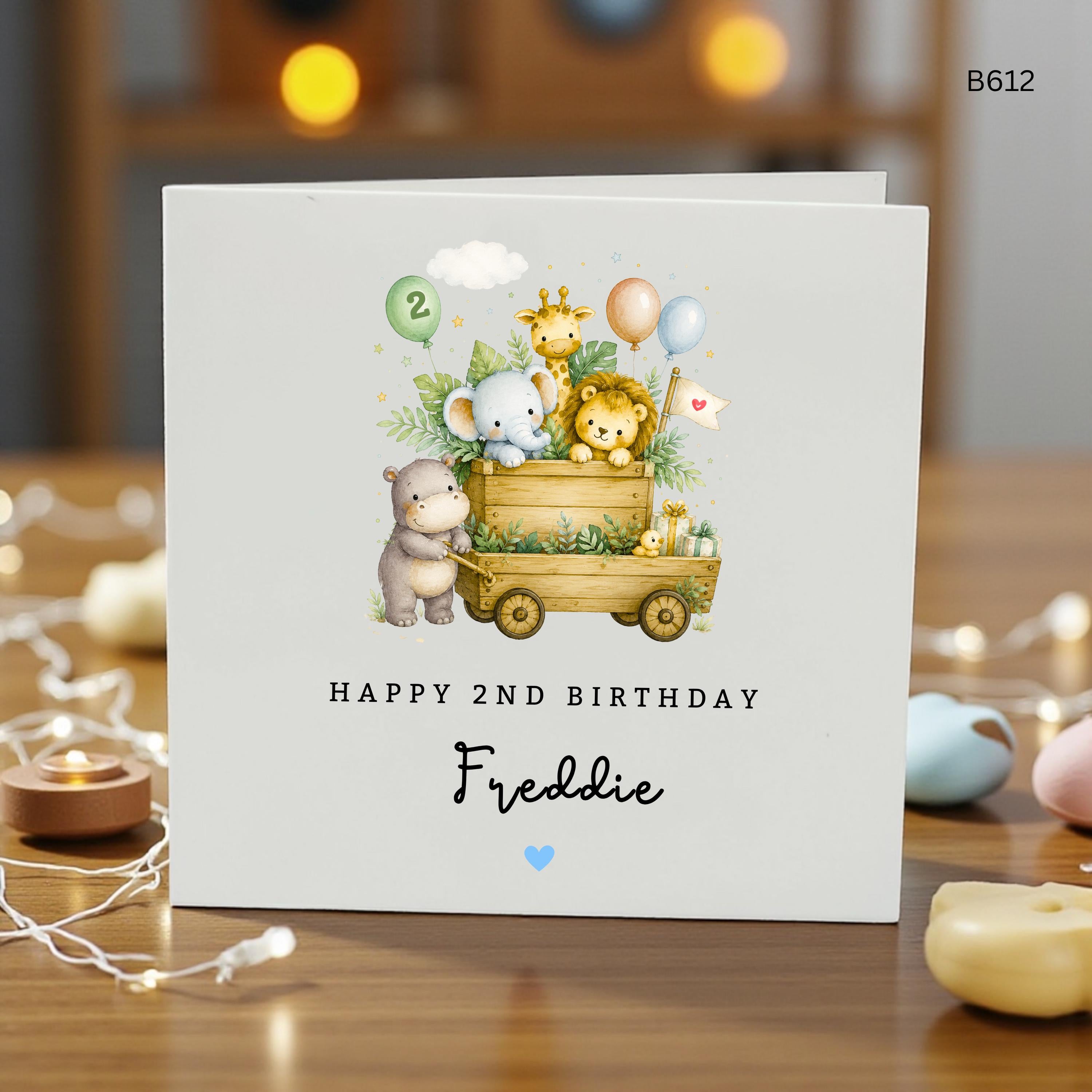 Personalised 2nd Birthday Card Boy, Safari Animal Birthday Card, Jungle Birthday Card, Custom Name Age 2 Card, Second Birthday Boy Card