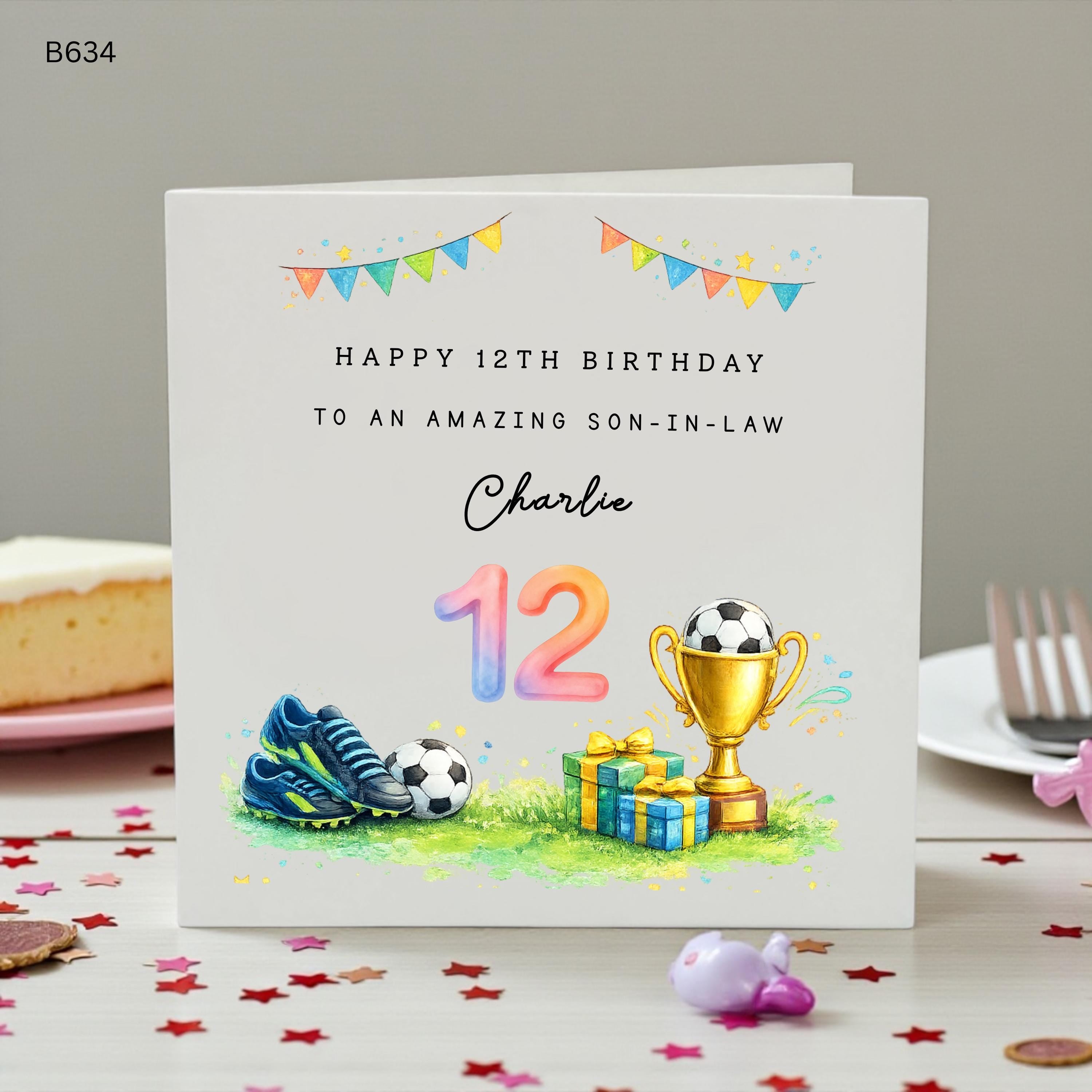 Personalised 12th Birthday Card for Son In Law, Football Birthday Card, 12th Birthday Boy Card, Soccer Theme Birthday Card, Custom Name Gift