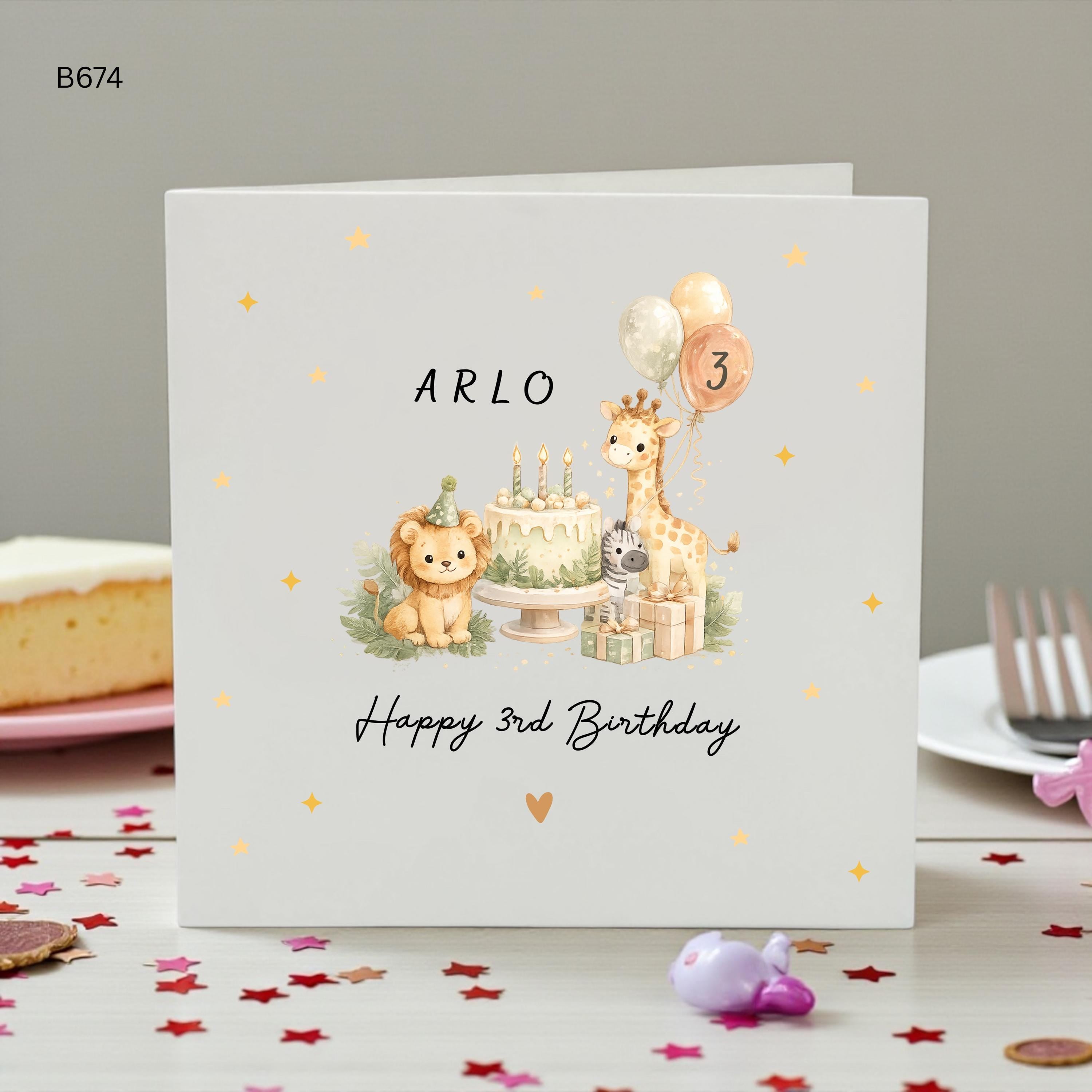 Personalised 3rd Birthday Card for Boy, Jungle Animal Birthday Card, Lion Giraffe Birthday , Custom Name 3rd Birthday , Safari Birthday Gift