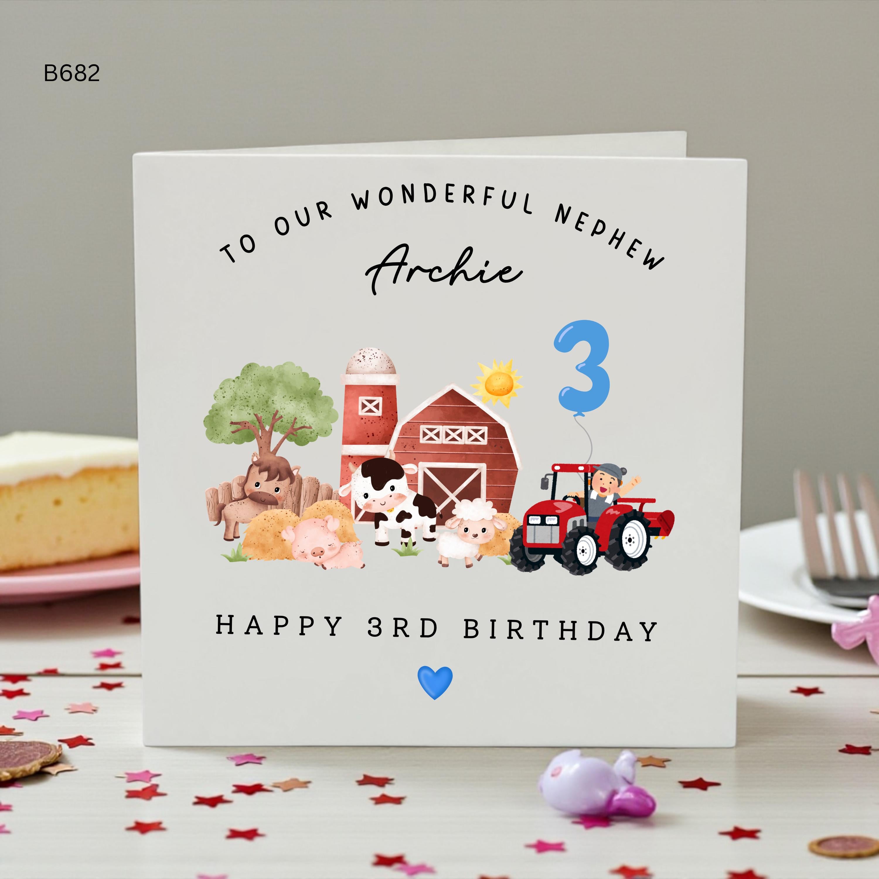Personalised 3rd Birthday Card for Nephew, Farm Animal Birthday Card, Tractor Birthday for Boys, Custom Name Age 3 Card, Farmyard Birthday