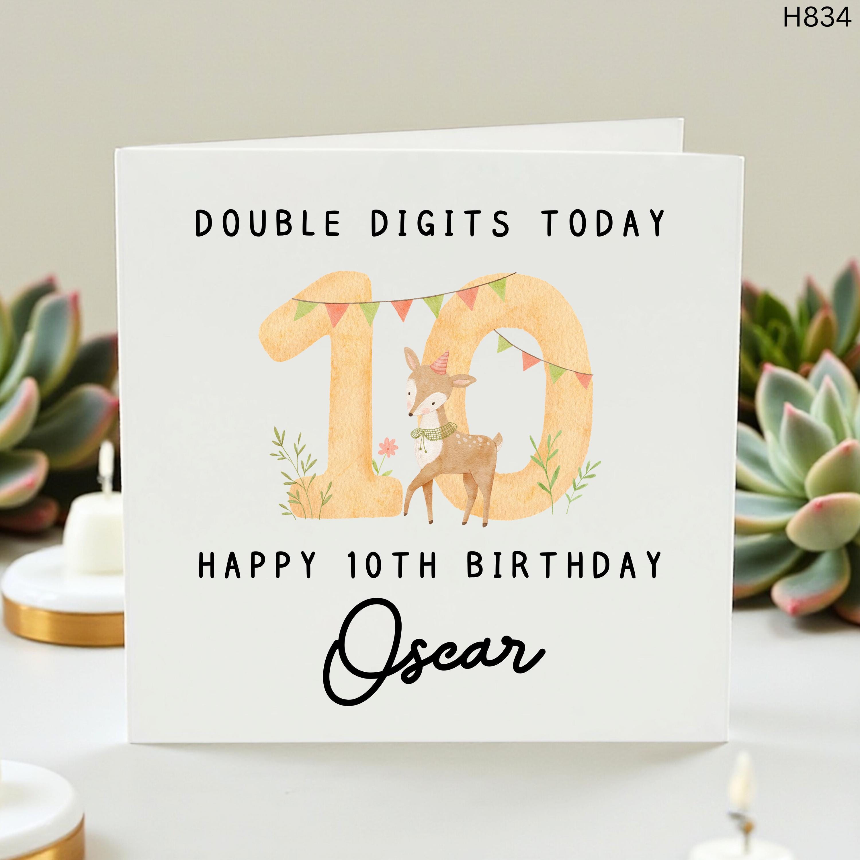 Personalised 10th Birthday Card, Double Digits Today Card, Cute Woodland Deer Birthday Card, Custom Name Age 10 Card