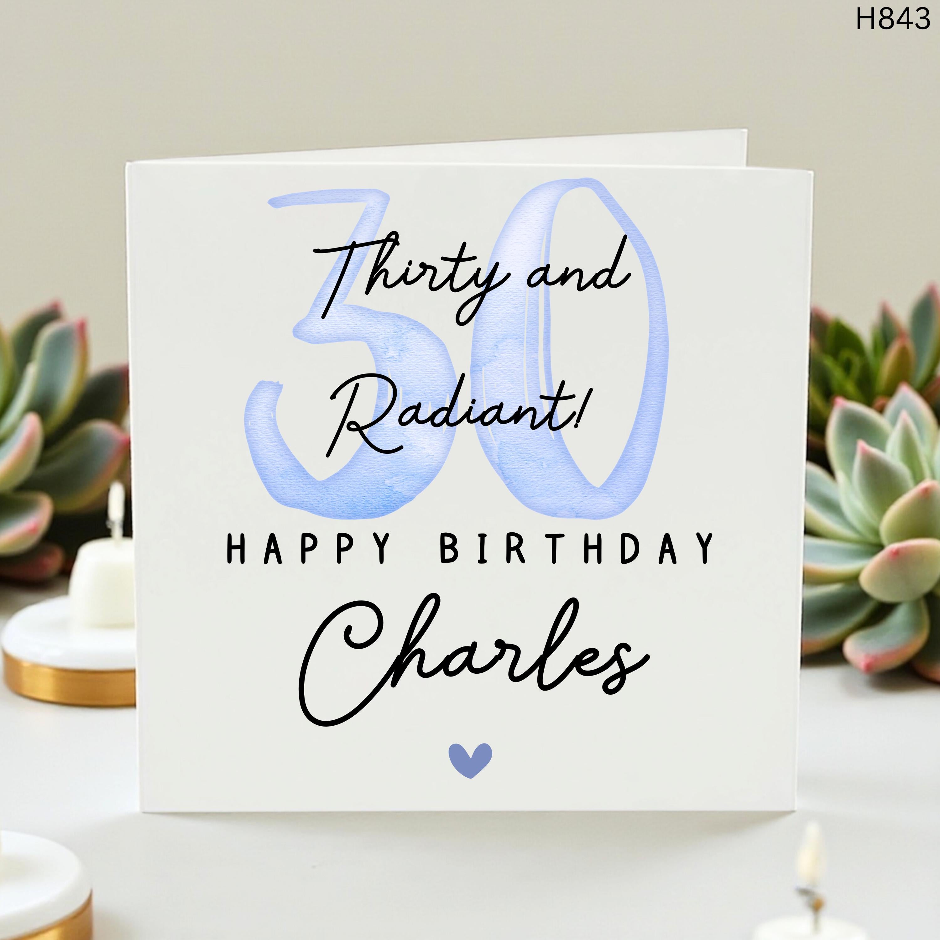 Personalised 30th Birthday Card for Him, Thirty and Radiant Card, Blue Age 30 Birthday Card, Son Brother Friend Milestone Card